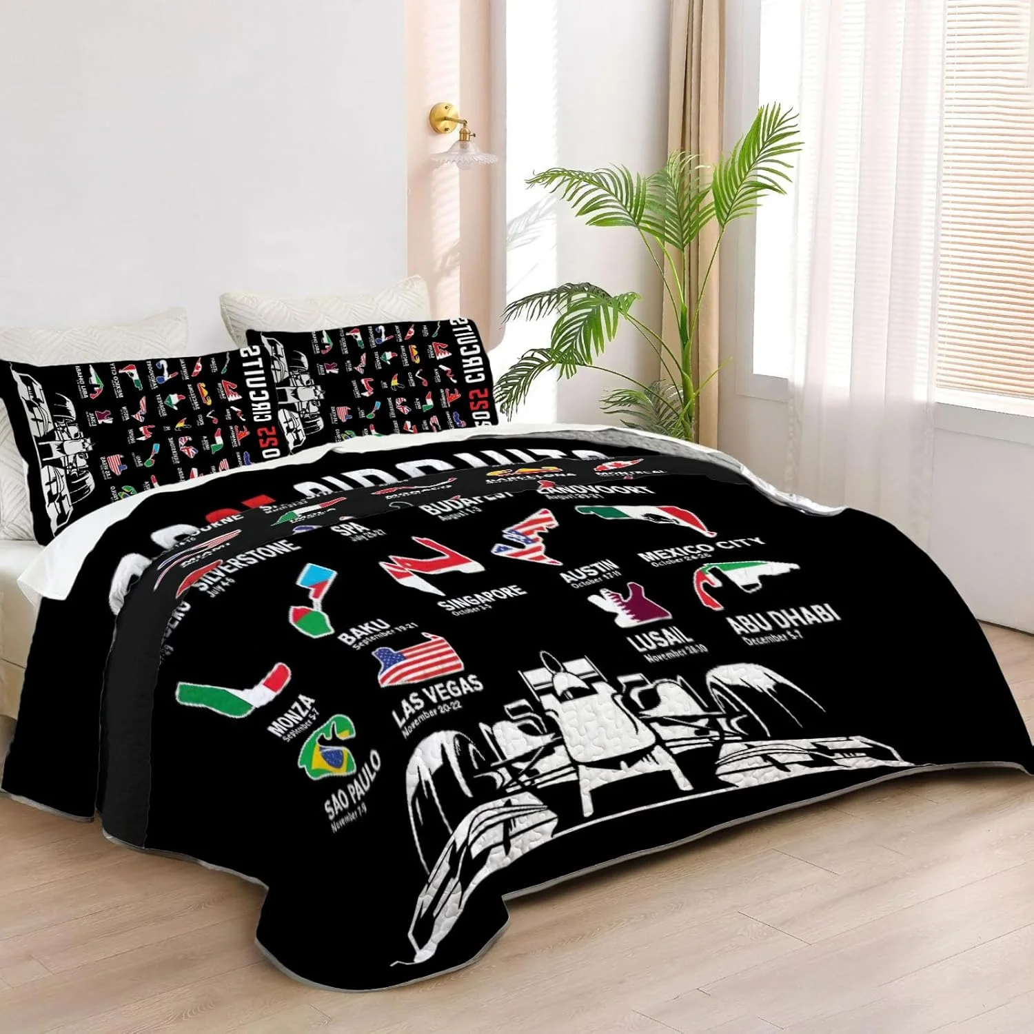 رو تختی دو نفره آلنجوی طرح موتوراسپورت، ست روتختی لحاف دار قابل شستشو به همراه 1 روبالشتی مدل SC00265-007