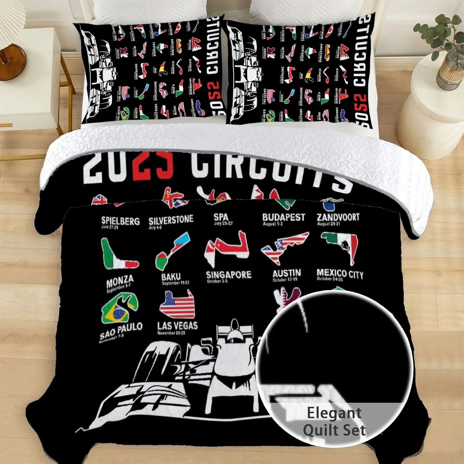 رو تختی دو نفره آلنجوی طرح موتوراسپورت، ست روتختی لحاف دار قابل شستشو به همراه 1 روبالشتی مدل SC00265-007