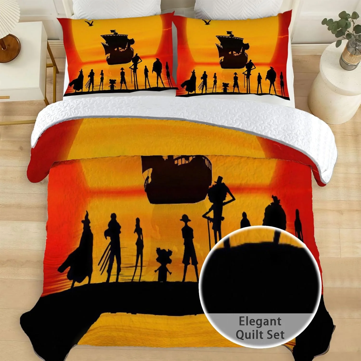 رو تختی طرح دزدان دریایی الن جوی سایز کویین، ست روتختی انیمه ژاپنی، لحاف پارچه ای قابل شستشو به همراه 2 روبالشی مدل SC00090-007