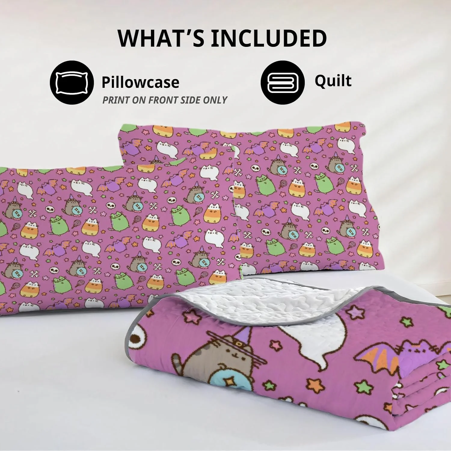 رو تختی لحاف دار سایز کوئین طرح گربه تپل Allenjoy، ست روتختی بامزه کمیک، روکش پارچه ای قابل شستشو به همراه 2 روبالشی SC00136-007