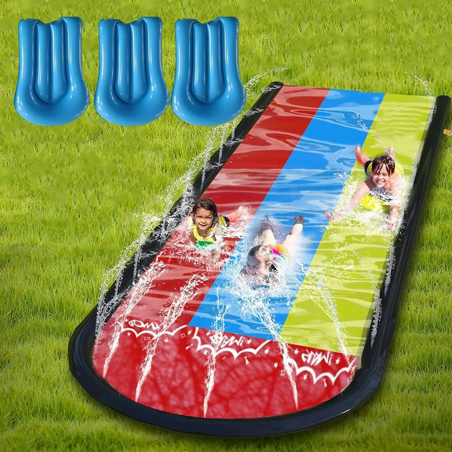 سرسره آبی فوق العاده بلند برای کودکان، سرسره آبی دو نفره غول پیکر چمن برای کودکان به همراه سه تخته بادی، بهترین هدیه برای بازی استخر شنای تابستانی کودکان، اسباب بازی فضای باز (مسابقه سه نفره)