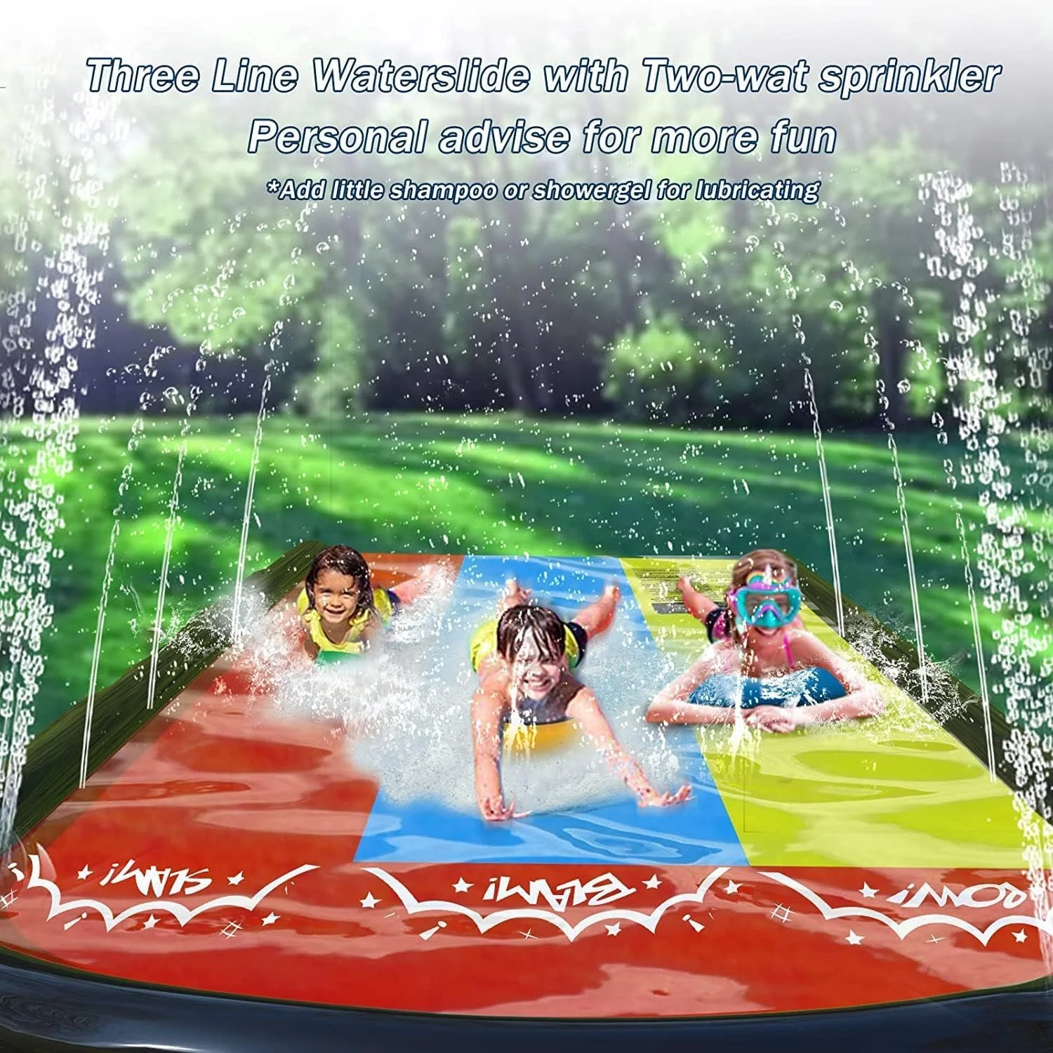 سرسره آبی فوق العاده بلند برای کودکان، سرسره آبی دو نفره غول پیکر چمن برای کودکان به همراه سه تخته بادی، بهترین هدیه برای بازی استخر شنای تابستانی کودکان، اسباب بازی فضای باز (مسابقه سه نفره)