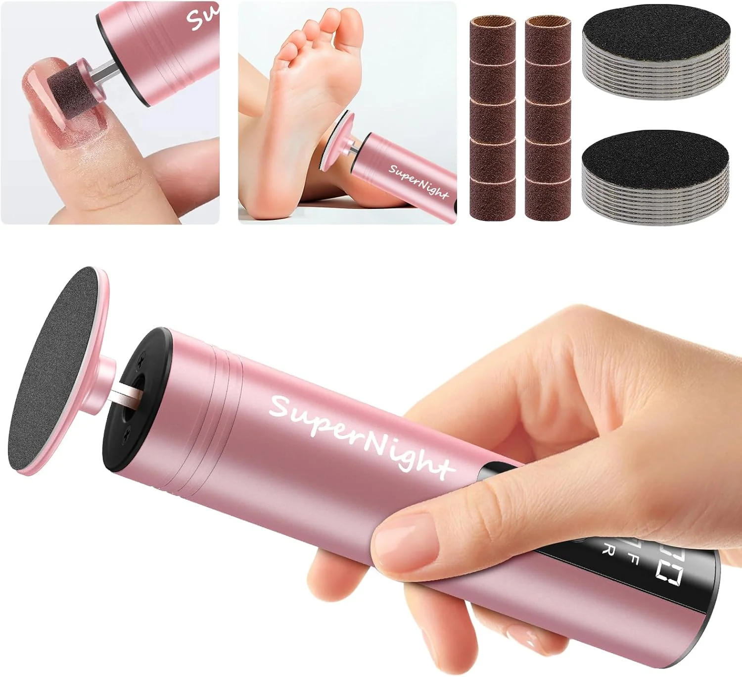 سوهان برقی پدیکور سوپر نایت، سوهان برقی 2 در 1 پا و ناخن، ابزار پدیکور قابل شارژ برای از بین بردن پوست مرده پا به همراه 30 عدد دیسک سمباده، 9 سرعت قابل تنظیم (صورتی)