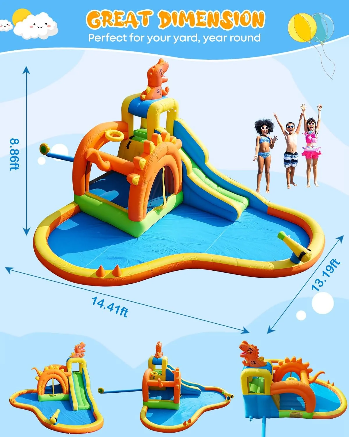 پارک سرسره آبی بادی دایناسور - خانه بادی 6 در 1 با سرسره، قسمت پرش، استخر آب، دیوار صخره نوردی و حلقه بسکتبال | دمنده 480 واتی شامل می شود | بازی در حیاط خلوت داخلی/خارجی برای کودکان 3-10 ساله