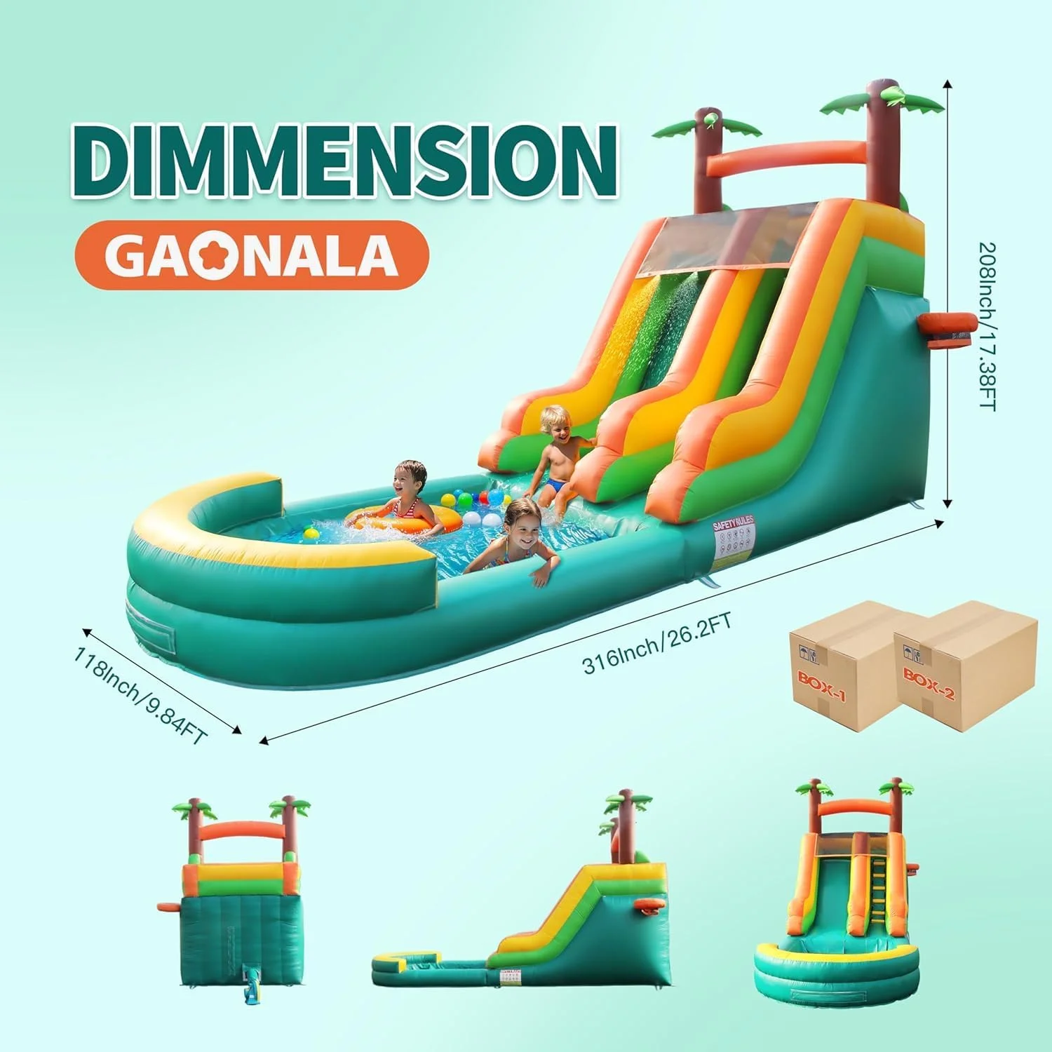 سرسره آبی بادی درجه تجاری 8 متری برای کودکان و بزرگسالان، سرسره آبی پی وی سی سنگین با استخر بزرگ بادی، سرسره آبی با دمنده 1100 واتی مناسب فضای باز (سبز، 8 متر)