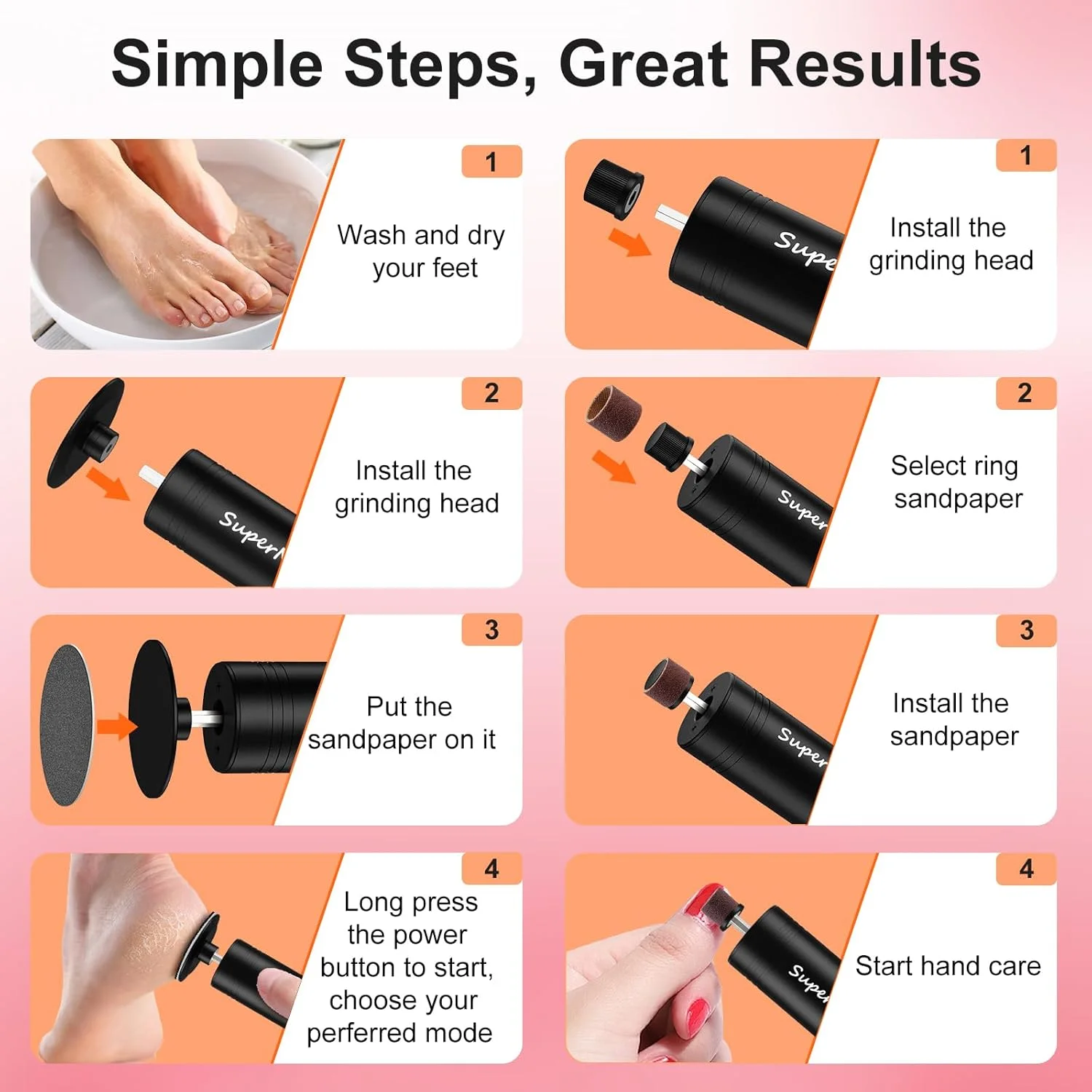 سوهان برقی پدیکور سوپر نایت، سوهان برقی 2 در 1 پا و ناخن، ابزار پدیکور قابل شارژ برای از بین بردن پوست مرده پا به همراه 30 عدد دیسک سمباده، 9 سرعت قابل تنظیم (صورتی)