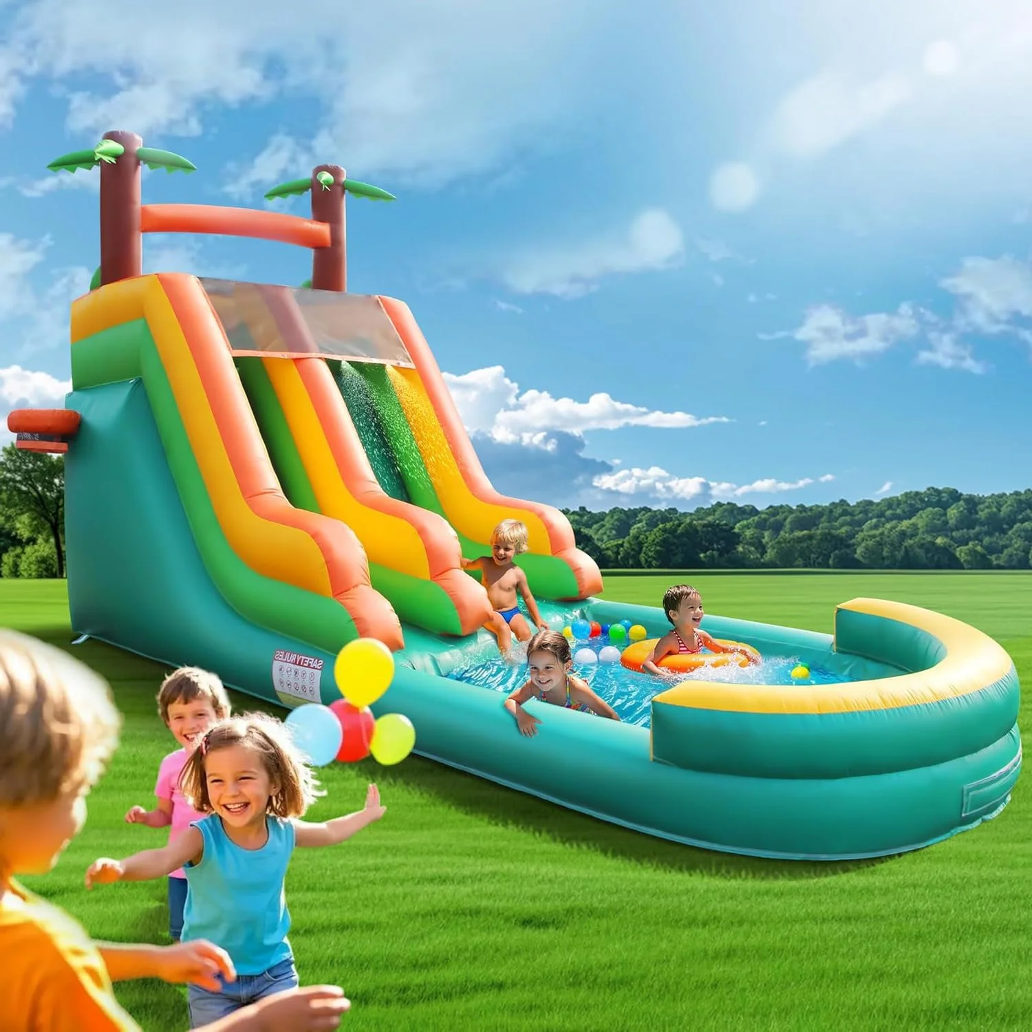 سرسره آبی بادی برای کودکان و بزرگسالان، سرسره آبی 26 فوتی 100% PVC با استخر بزرگ، سرسره پهن با استخر کم عمق، دمنده هوا 950 واتی، ایده آل برای حیاط خلوت، پارک (طرح درخت نارگیل سبز) 2