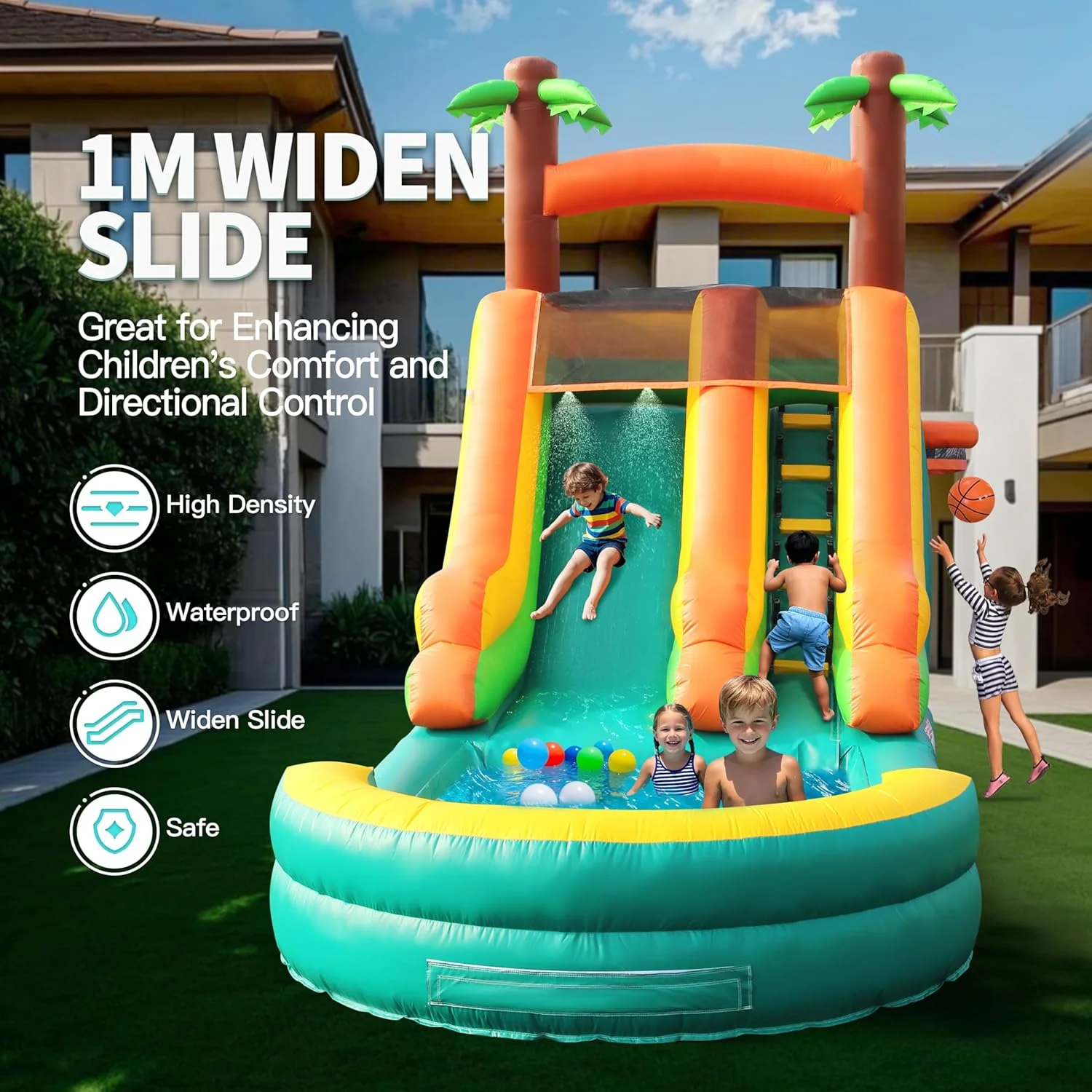 سرسره آبی بادی برای کودکان و بزرگسالان، سرسره آبی 26 فوتی 100% PVC با استخر بزرگ، سرسره پهن با استخر کم عمق، دمنده هوا 950 واتی، ایده آل برای حیاط خلوت، پارک (طرح درخت نارگیل سبز) 2