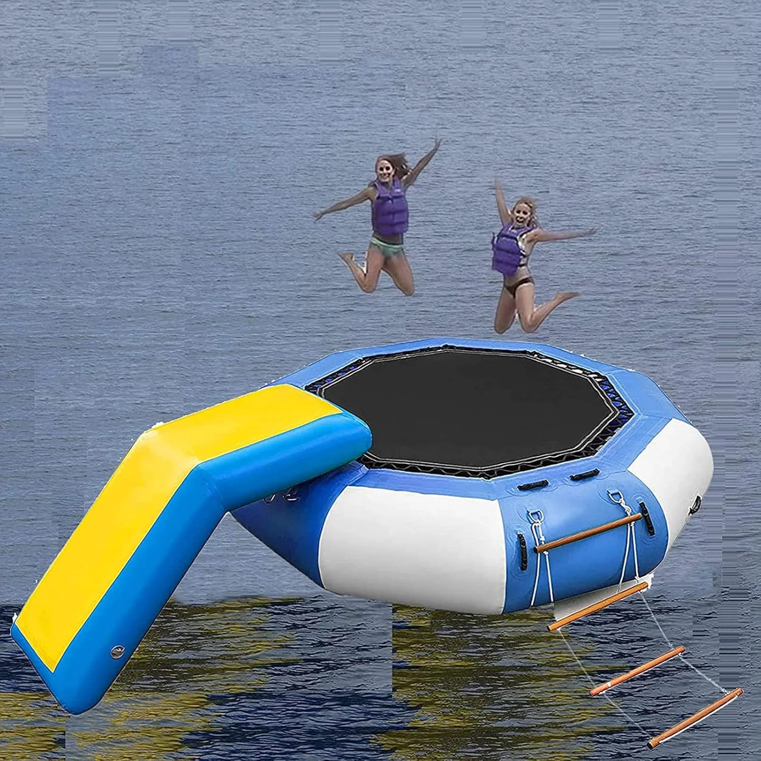 ترامپولین بادی گرد آبی سرسره دار، اسباب بازی های آبی شناور برای کودکان، سکوی بادی شنا با پمپ هوا