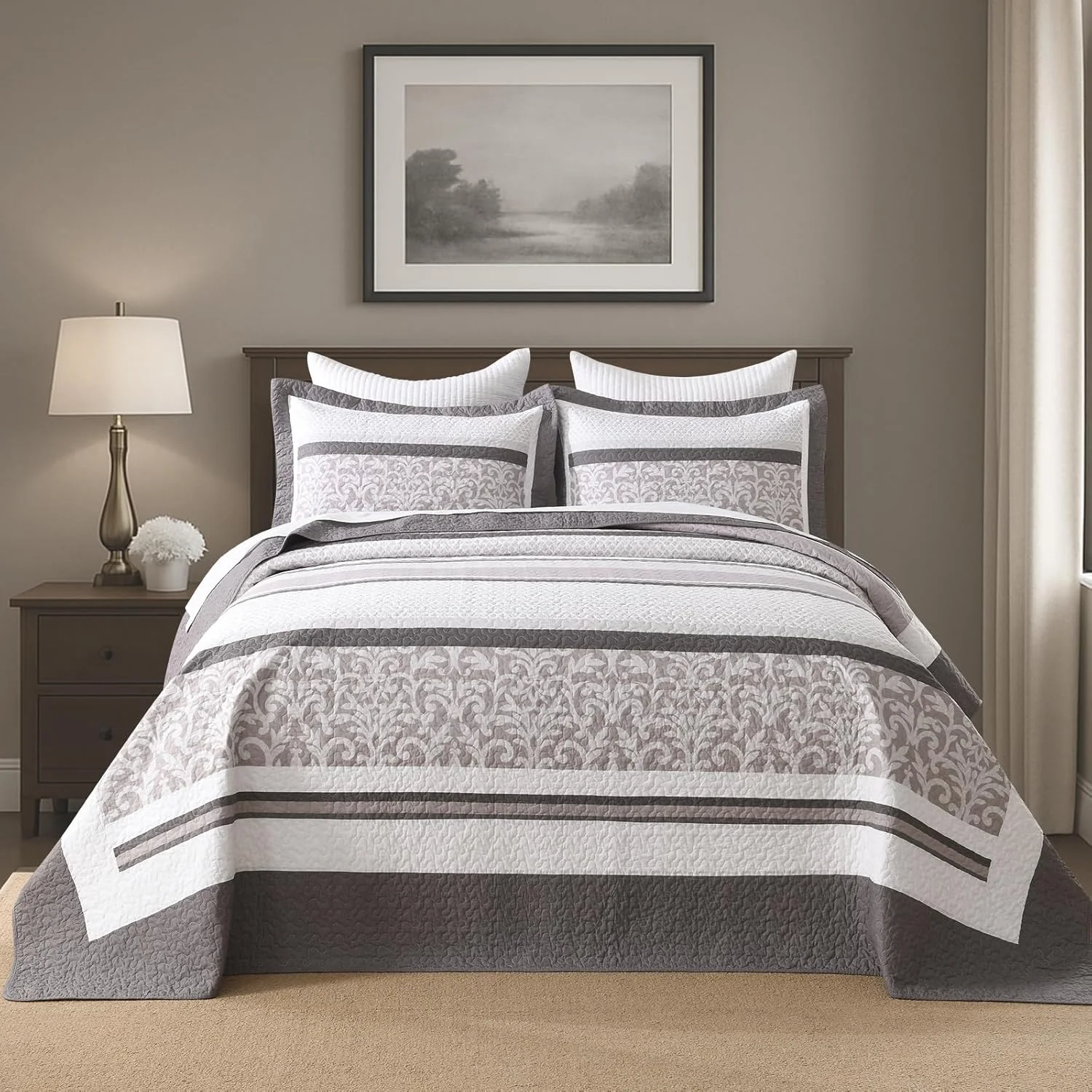 روتختی لحاف دار پنبه ای 100% بددویت سایز بزرگ 305x259 سانتی متر - ست روتختی طرح راه راه مزرعه، ست لحاف تکه دوزی سبک وزن دو طرفه، قهوه ای/خاکستری/سفید