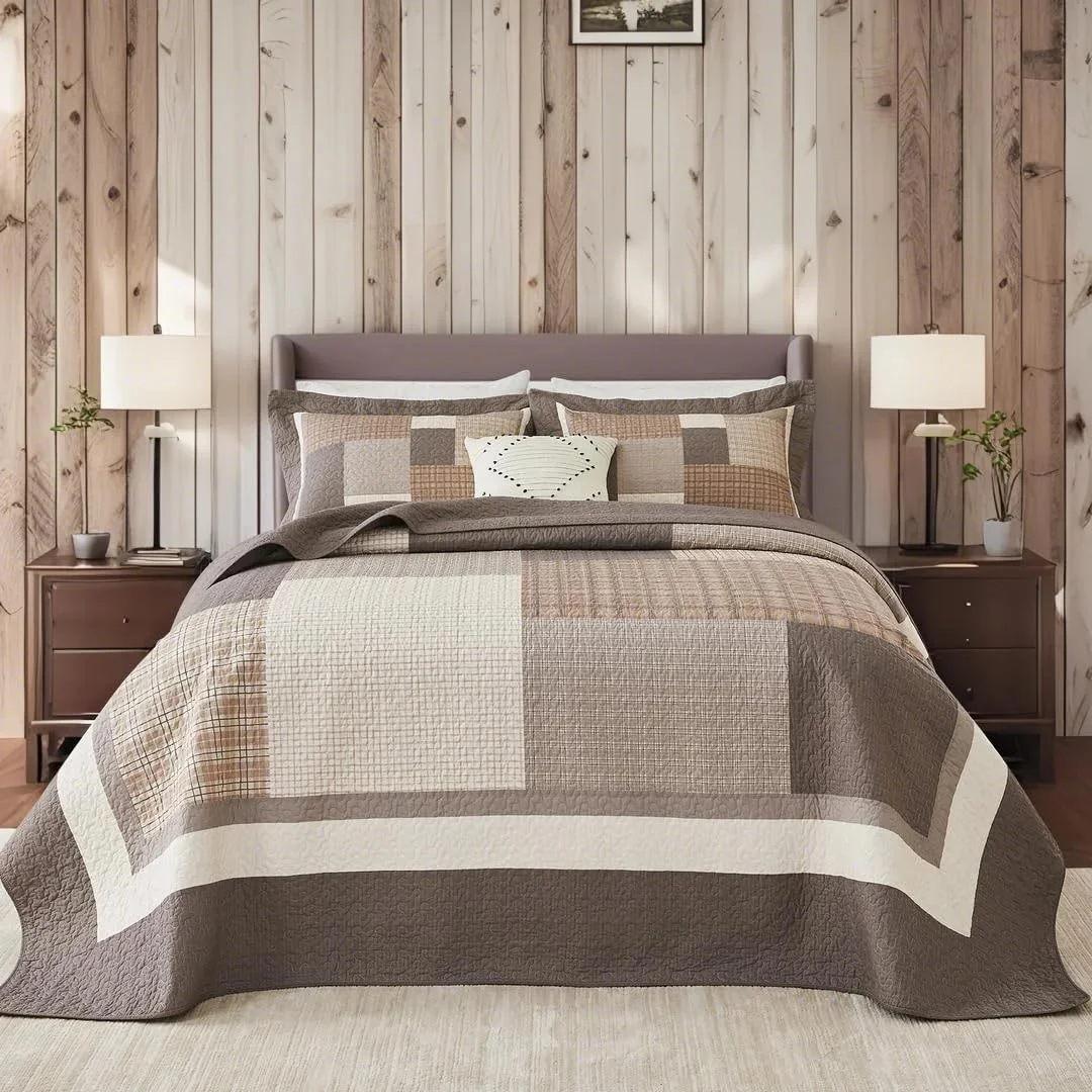 روتختی کینگ سایز بزرگ Bedduvit با طرح تکه دوزی مزرعه، پشمی و چهارخانه 100% پنبه ای، 3 تکه، قهوه ای/سفید/بژ، اندازه 305x305 سانتی متر