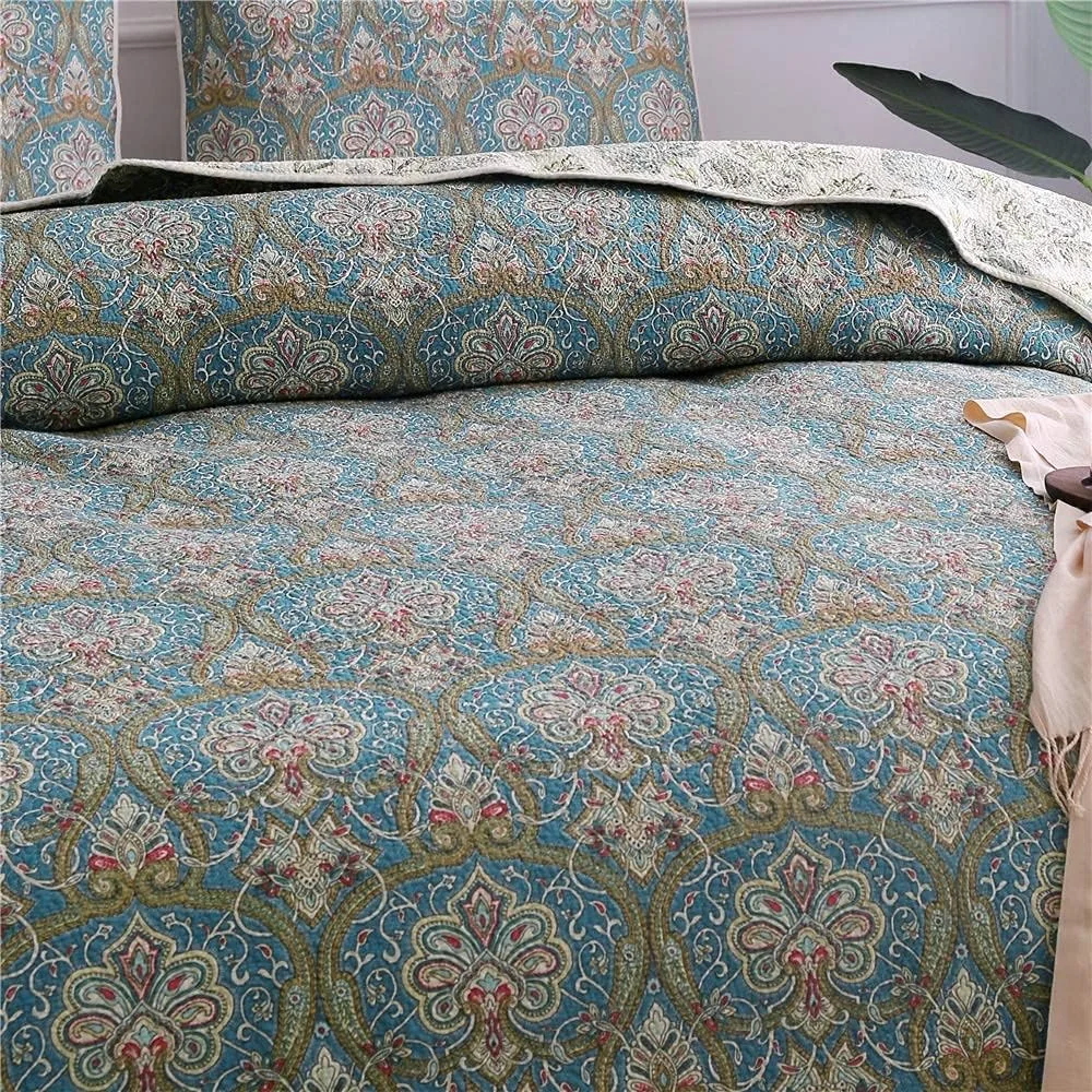 ست روتختی لحاف دوزی شده طرح گلدار کلاسیک Beddingleer سایز کینگ، طرح چهل تکه پنبه ای، ست لحاف/بالش طرح دار دست ساز، 3 تکه