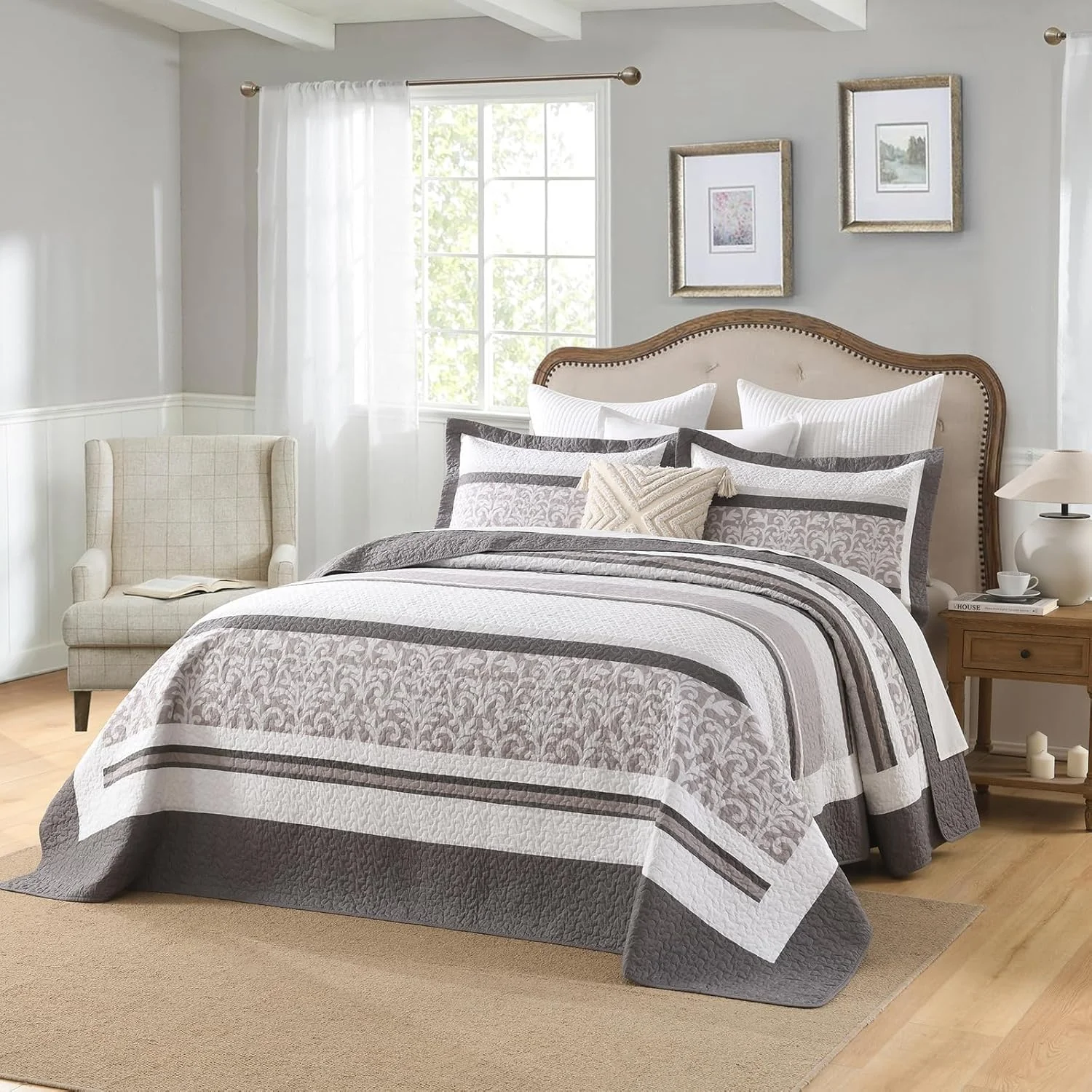 روتختی لحاف دار پنبه ای 100% بددویت سایز بزرگ 305x259 سانتی متر - ست روتختی طرح راه راه مزرعه، ست لحاف تکه دوزی سبک وزن دو طرفه، قهوه ای/خاکستری/سفید روتختی لحاف دار پنبه ای 100% بددویت سایز بزرگ 305x259 سانتی متر - ست روتختی طرح راه راه مزرعه، ست لحاف تکه دوزی سبک وزن دو طرفه، قهوه ای/خاکستری/سفید