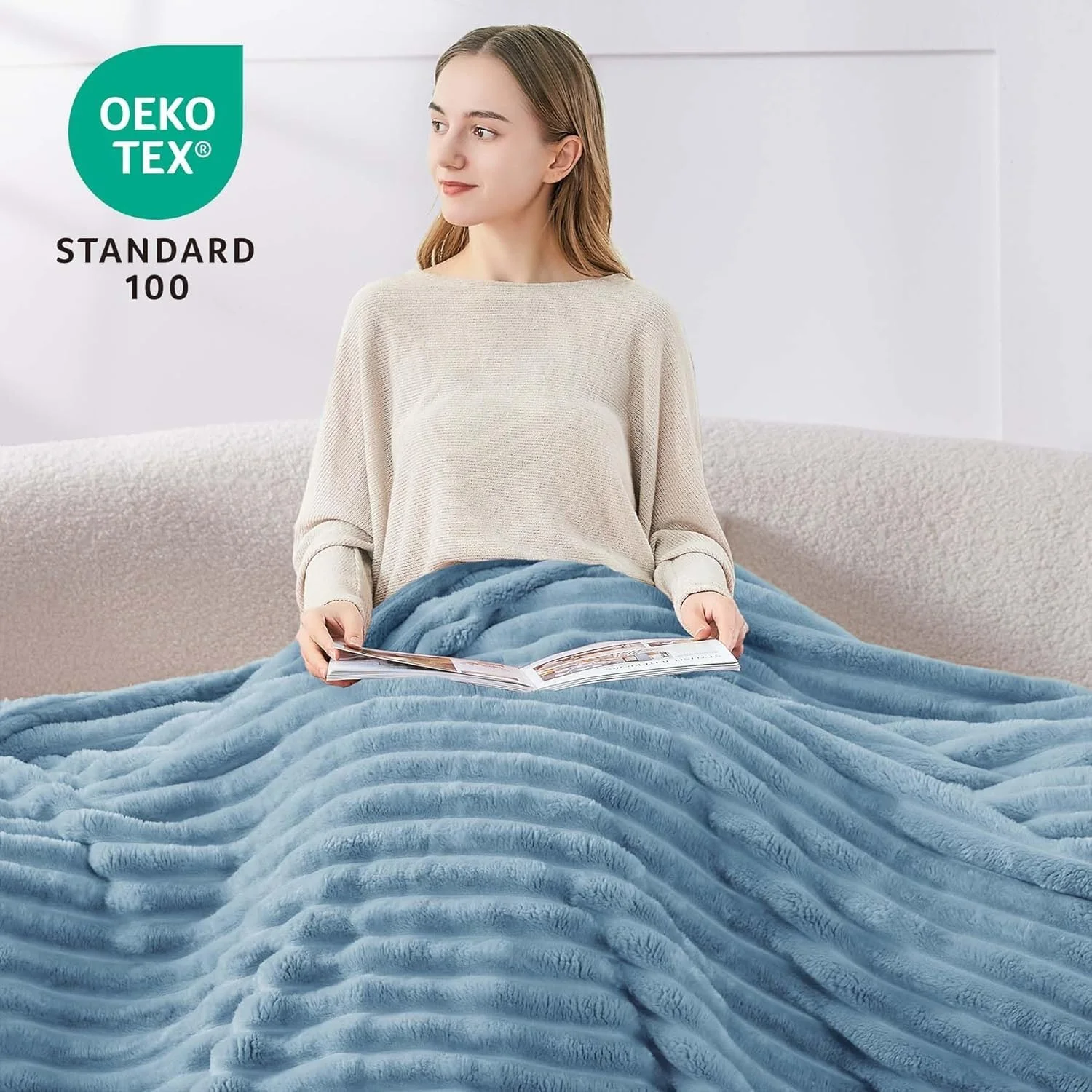 پتوی بغلی BEDELITE، پتوی نرم، خیلی بزرگ، پتوهای فلانل نرم، آبی، 230 x 270 سانتی متر برای تخت، راه راه های تزئینی، پتوی پشمی کبریتی، آبی روشن به عنوان روتختی برای اتاق خواب، پتوی کینگ