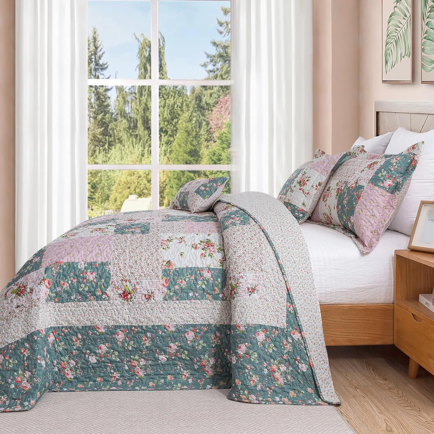 ست لحاف طرح گل سایز کینگ BEDIFANY - روتختی سبک وزن مناسب خانه های روستایی سایز کینگ (248 * 269 سانتی متر) به همراه طرح گل - ست روتختی لحافی برای تزئین تخت، 3 تکه