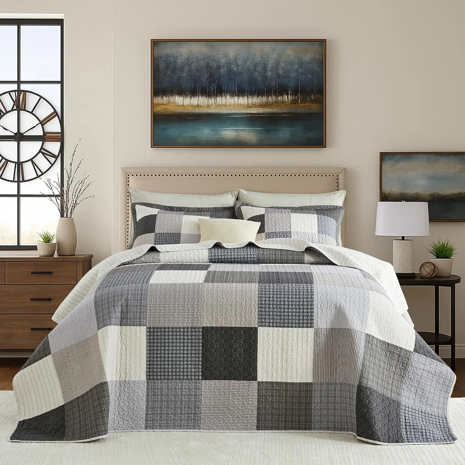 روتختی لحافی بزرگ سایز کوئین Bedduvit، طرح پچ‌ورک مزرعه، چهارخانه، فوق‌العاده عریض، ست ملحفه، خاکستری/بژ/مشکی، 100% پنبه، ابعاد 305x259 سانتی‌متر