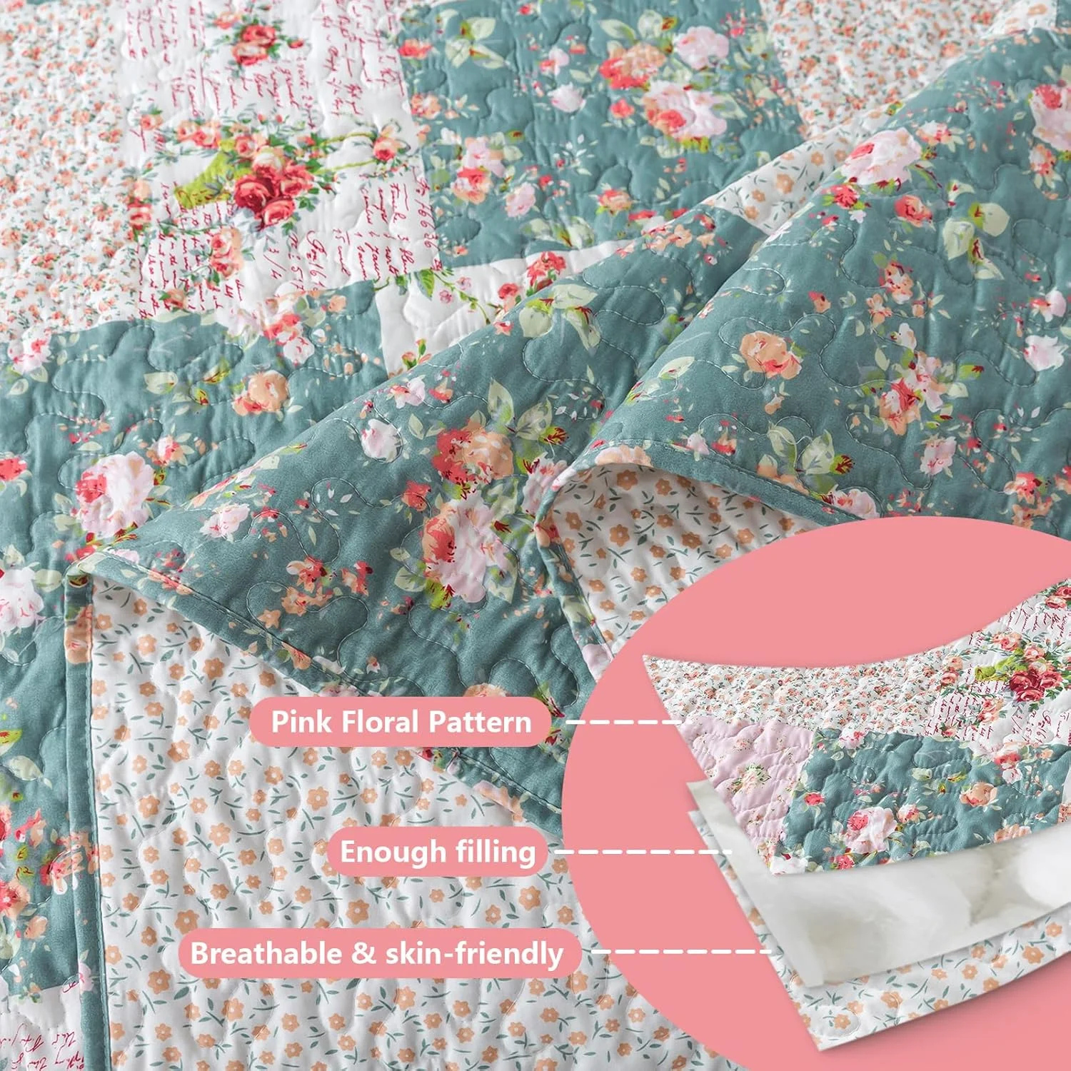 ست لحاف طرح گل سایز کینگ BEDIFANY - روتختی سبک وزن مناسب خانه های روستایی سایز کینگ (248 * 269 سانتی متر) به همراه طرح گل - ست روتختی لحافی برای تزئین تخت، 3 تکه