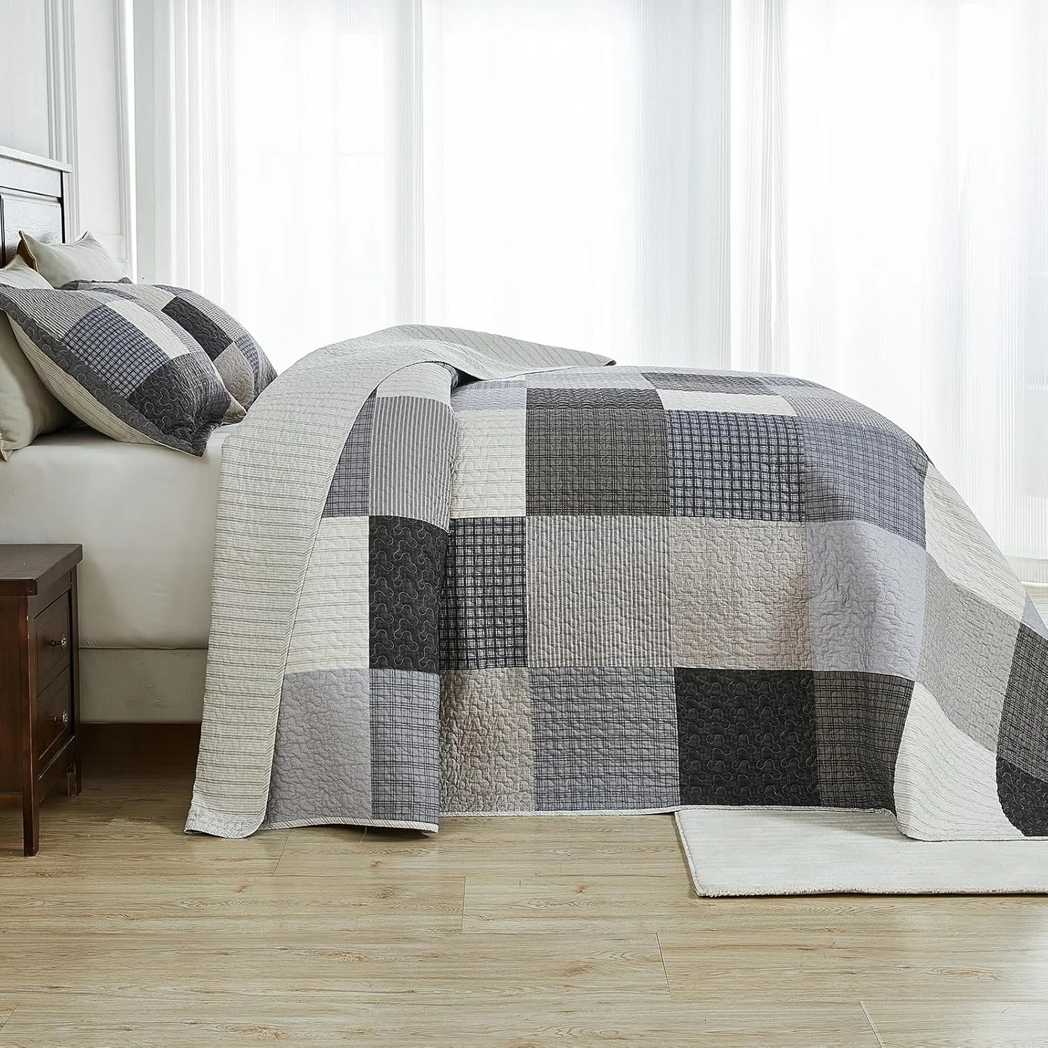 روتختی لحافی بزرگ سایز کوئین Bedduvit، طرح پچ‌ورک مزرعه، چهارخانه، فوق‌العاده عریض، ست ملحفه، خاکستری/بژ/مشکی، 100% پنبه، ابعاد 305x259 سانتی‌متر