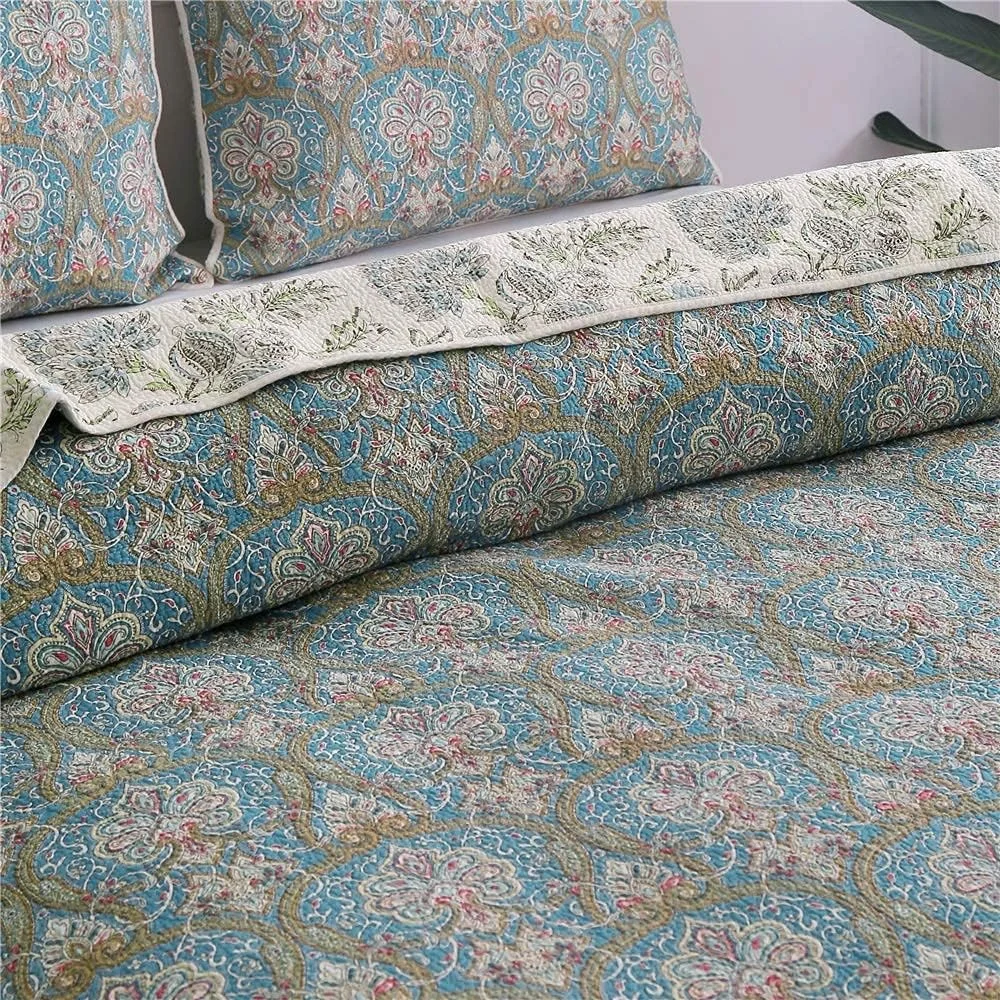 ست روتختی لحاف دوزی شده طرح گلدار کلاسیک Beddingleer سایز کینگ، طرح چهل تکه پنبه ای، ست لحاف/بالش طرح دار دست ساز، 3 تکه