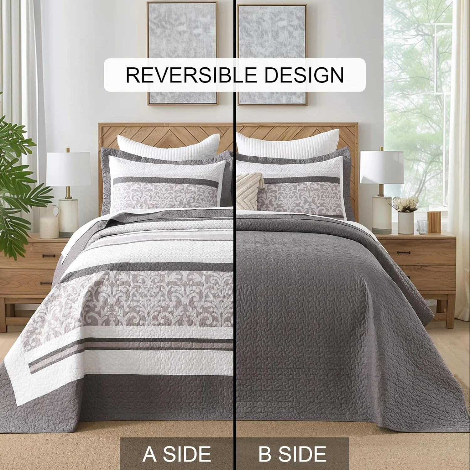 روتختی لحاف دار پنبه ای 100% بددویت سایز بزرگ 305x259 سانتی متر - ست روتختی طرح راه راه مزرعه، ست لحاف تکه دوزی سبک وزن دو طرفه، قهوه ای/خاکستری/سفید روتختی لحاف دار پنبه ای 100% بددویت سایز بزرگ 305x259 سانتی متر - ست روتختی طرح راه راه مزرعه، ست لحاف تکه دوزی سبک وزن دو طرفه، قهوه ای/خاکستری/سفید