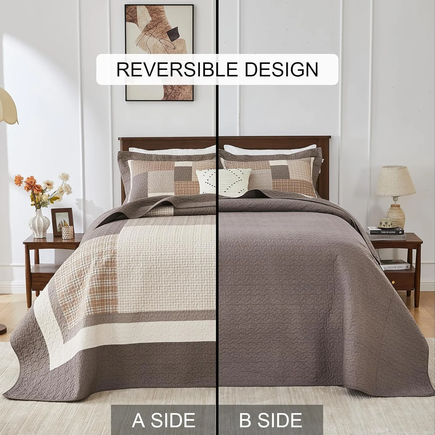 روتختی کینگ سایز بزرگ Bedduvit با طرح تکه دوزی مزرعه، پشمی و چهارخانه 100% پنبه ای، 3 تکه، قهوه ای/سفید/بژ، اندازه 305x305 سانتی متر روتختی کینگ سایز بزرگ Bedduvit با طرح تکه دوزی مزرعه، پشمی و چهارخانه 100% پنبه ای، 3 تکه، قهوه ای/سفید/بژ، اندازه 305x305 سانتی متر