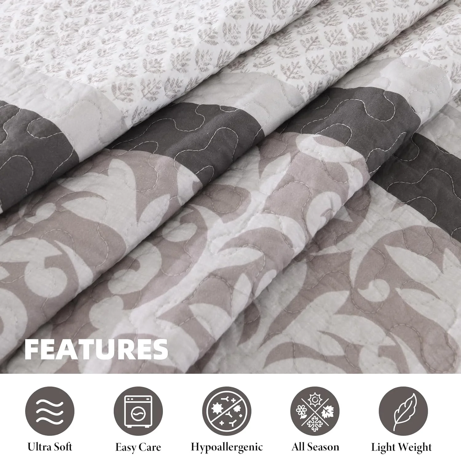 روتختی لحاف دار پنبه ای 100% بددویت سایز بزرگ 305x259 سانتی متر - ست روتختی طرح راه راه مزرعه، ست لحاف تکه دوزی سبک وزن دو طرفه، قهوه ای/خاکستری/سفید روتختی لحاف دار پنبه ای 100% بددویت سایز بزرگ 305x259 سانتی متر - ست روتختی طرح راه راه مزرعه، ست لحاف تکه دوزی سبک وزن دو طرفه، قهوه ای/خاکستری/سفید