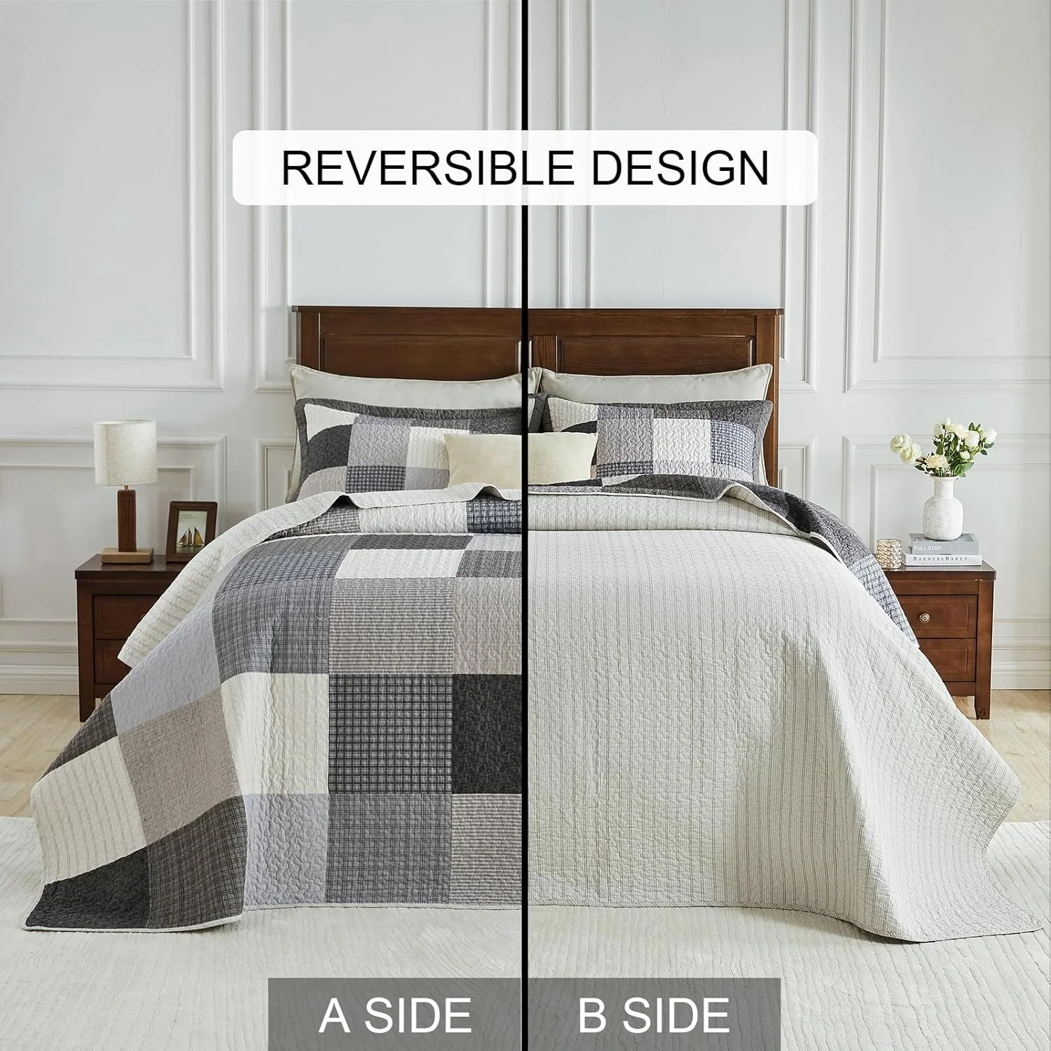 روتختی لحافی بزرگ سایز کوئین Bedduvit، طرح پچ‌ورک مزرعه، چهارخانه، فوق‌العاده عریض، ست ملحفه، خاکستری/بژ/مشکی، 100% پنبه، ابعاد 305x259 سانتی‌متر