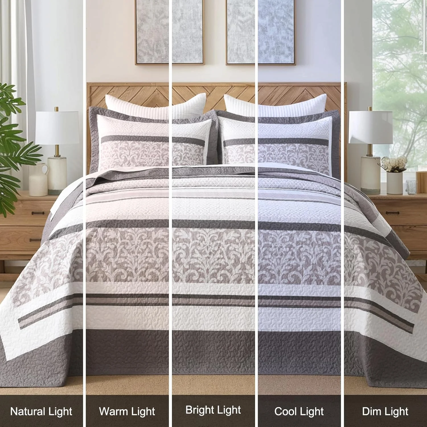 روتختی لحاف دار پنبه ای 100% بددویت سایز بزرگ 305x259 سانتی متر - ست روتختی طرح راه راه مزرعه، ست لحاف تکه دوزی سبک وزن دو طرفه، قهوه ای/خاکستری/سفید روتختی لحاف دار پنبه ای 100% بددویت سایز بزرگ 305x259 سانتی متر - ست روتختی طرح راه راه مزرعه، ست لحاف تکه دوزی سبک وزن دو طرفه، قهوه ای/خاکستری/سفید