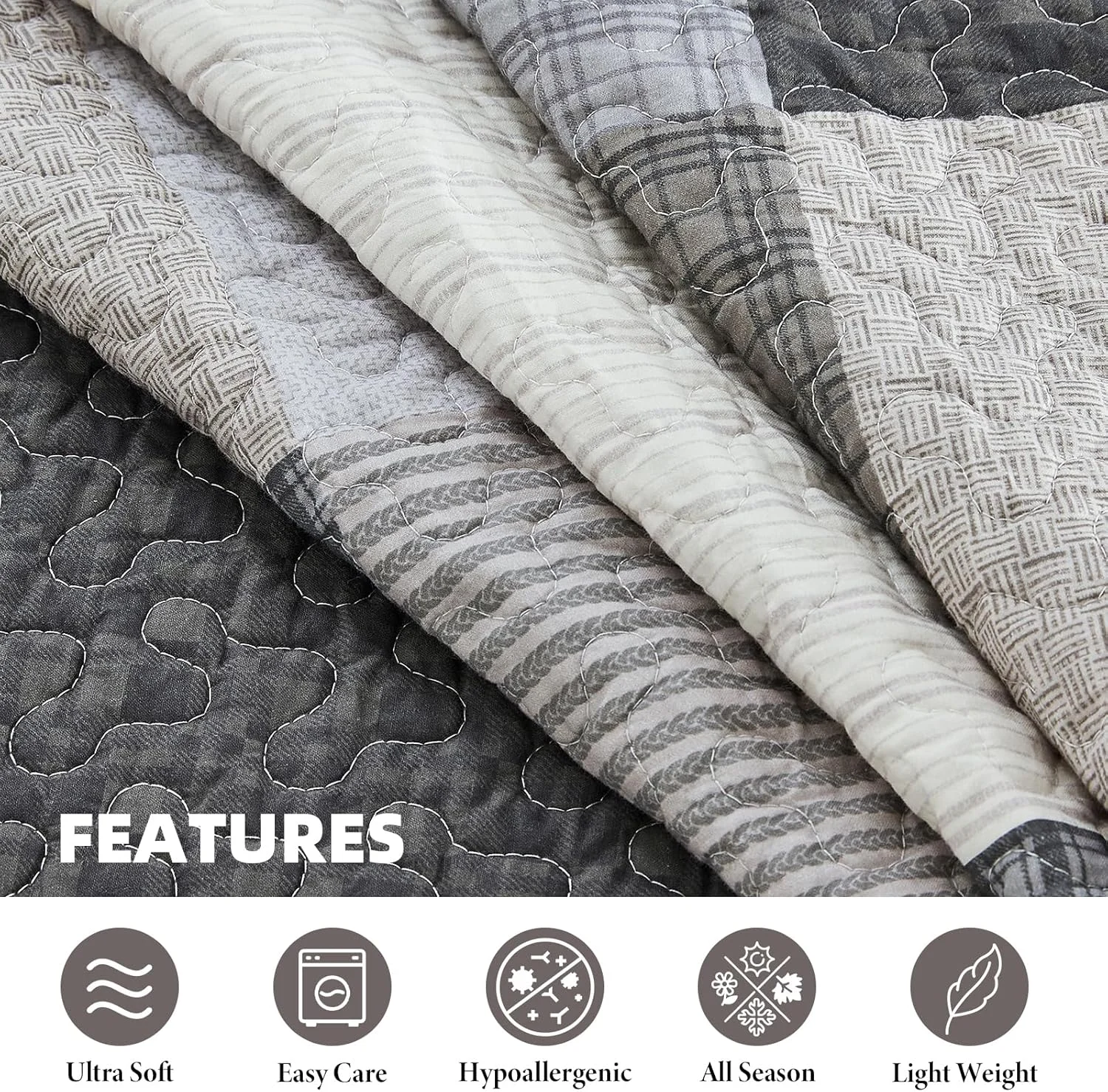 روتختی لحافی بزرگ سایز کوئین Bedduvit، طرح پچ‌ورک مزرعه، چهارخانه، فوق‌العاده عریض، ست ملحفه، خاکستری/بژ/مشکی، 100% پنبه، ابعاد 305x259 سانتی‌متر
