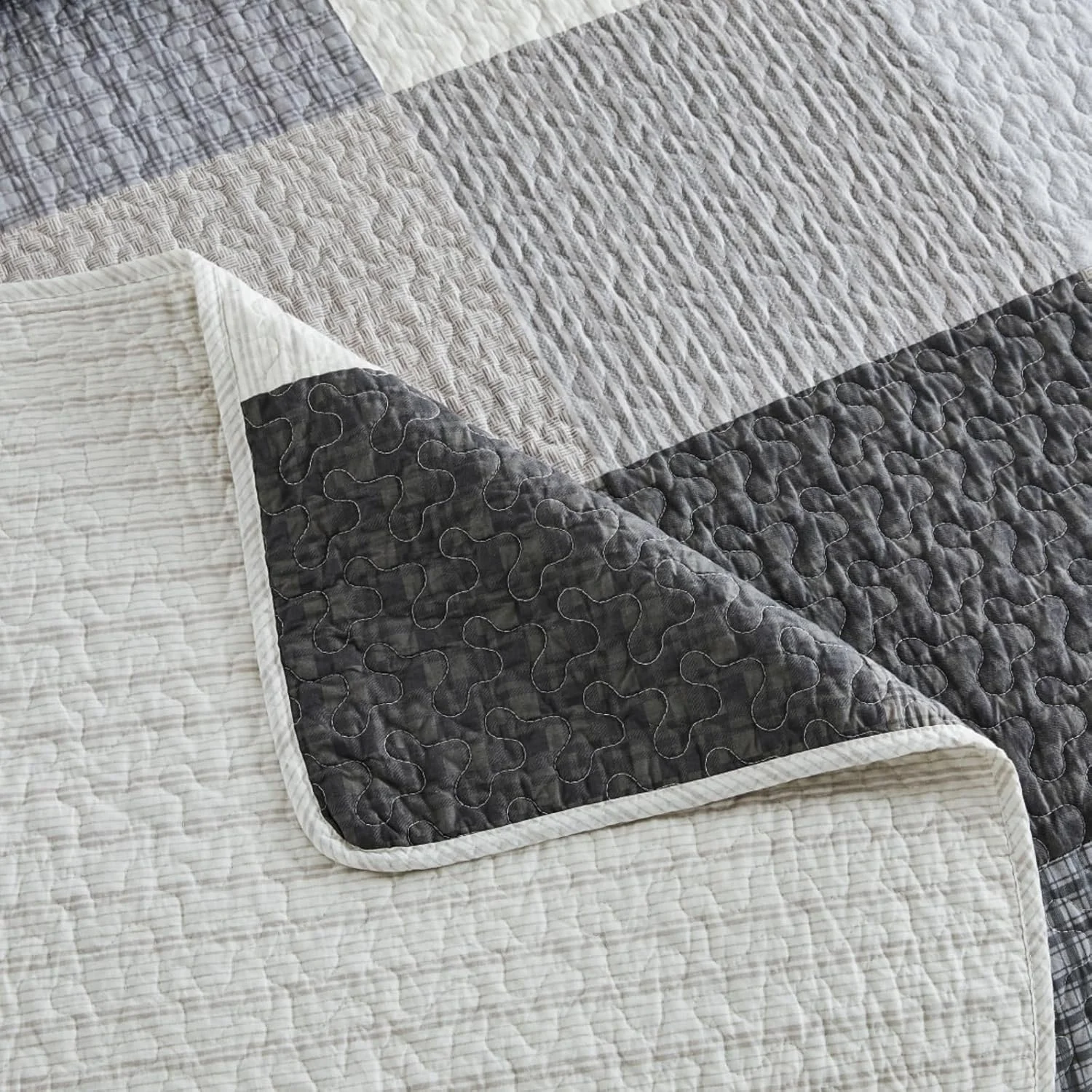 روتختی لحافی بزرگ سایز کوئین Bedduvit، طرح پچ‌ورک مزرعه، چهارخانه، فوق‌العاده عریض، ست ملحفه، خاکستری/بژ/مشکی، 100% پنبه، ابعاد 305x259 سانتی‌متر