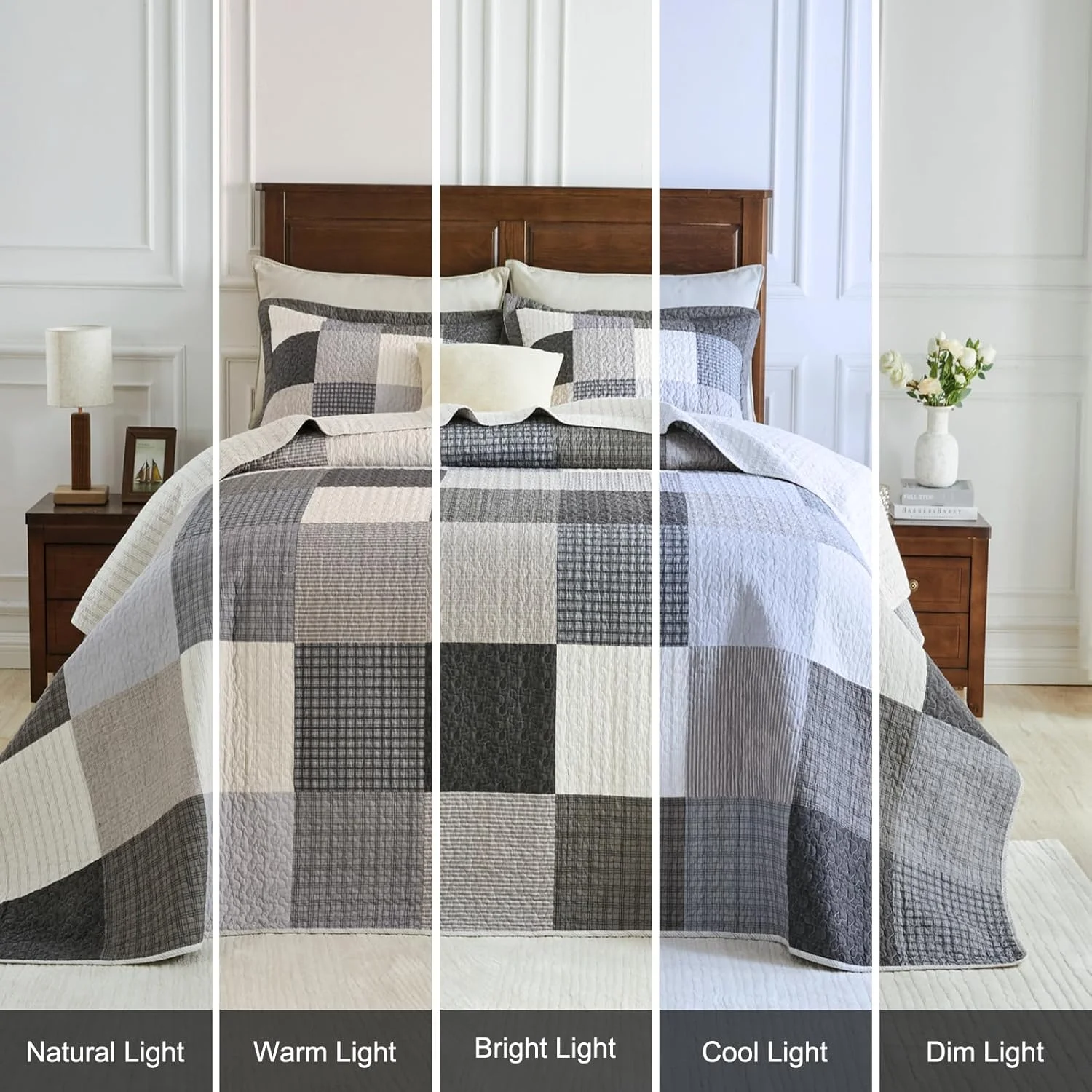 روتختی لحافی بزرگ سایز کوئین Bedduvit، طرح پچ‌ورک مزرعه، چهارخانه، فوق‌العاده عریض، ست ملحفه، خاکستری/بژ/مشکی، 100% پنبه، ابعاد 305x259 سانتی‌متر