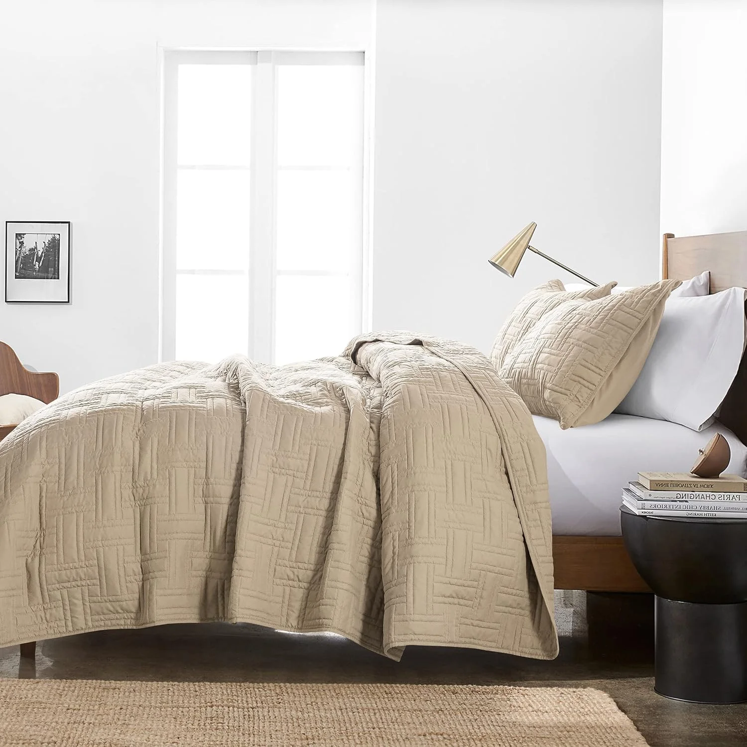 ست روتختی لحاف دار کرم بژ سایز کینگ به همراه روبالشتی، رو تختی نرم و سبک وزن، پتو لحافی نازک طرح بافت سبدی مناسب تمام فصول، 3 تکه، 264x228 سانتی متر