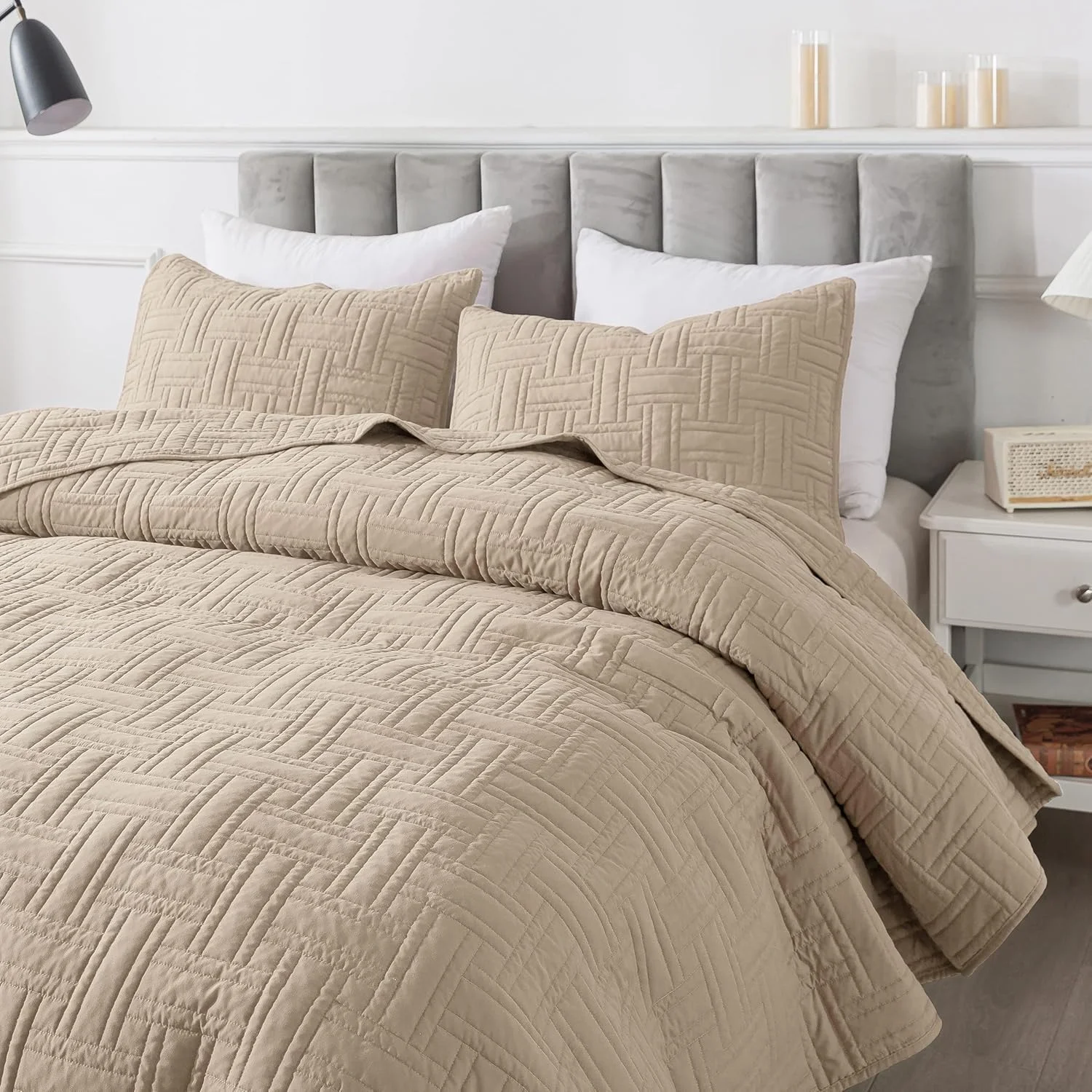 ست روتختی لحاف دار کرم بژ سایز کینگ به همراه روبالشتی، رو تختی نرم و سبک وزن، پتو لحافی نازک طرح بافت سبدی مناسب تمام فصول، 3 تکه، 264x228 سانتی متر