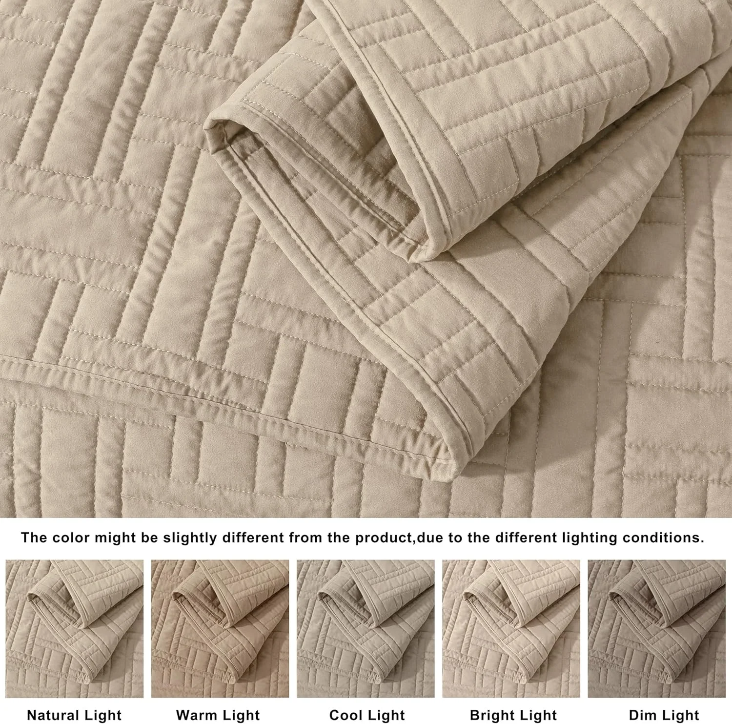 ست روتختی لحاف دار کرم بژ سایز کینگ به همراه روبالشتی، رو تختی نرم و سبک وزن، پتو لحافی نازک طرح بافت سبدی مناسب تمام فصول، 3 تکه، 264x228 سانتی متر