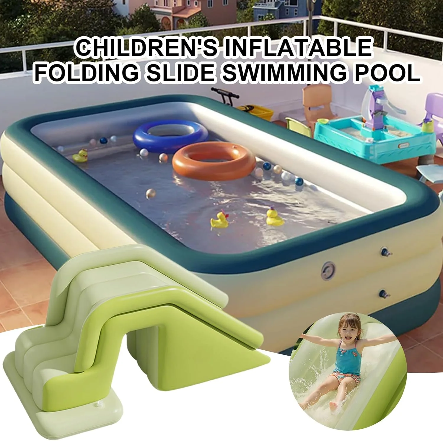 Inflatable Slide for Pool, Foldable Blow Up Pool Slide, Non-Slip Quick-Setup Ramp Water Park Youth Residential Floating Relaxation for Birthday Family Gatherings Pond