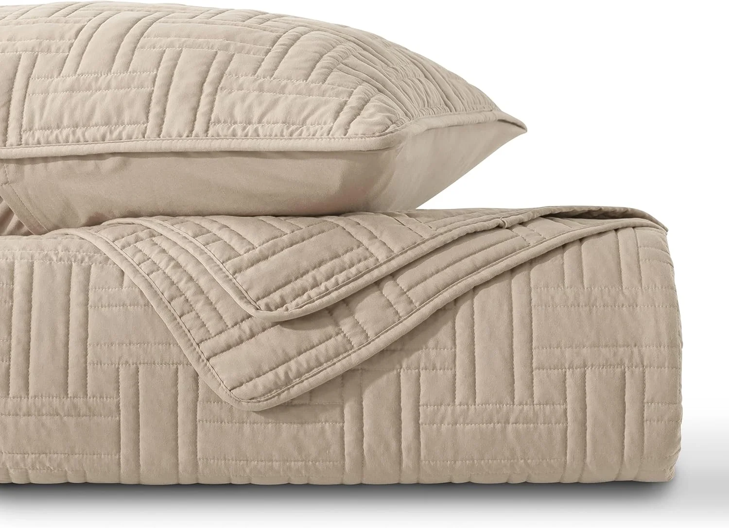 ست روتختی لحاف دار کرم بژ سایز کینگ به همراه روبالشتی، رو تختی نرم و سبک وزن، پتو لحافی نازک طرح بافت سبدی مناسب تمام فصول، 3 تکه، 264x228 سانتی متر