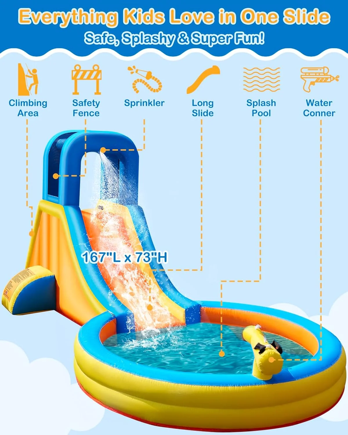 سرسره آبی بادی برای تفریح خانوادگی در حیاط خلوت | نصب آسان در 5 دقیقه | جنس PVC تقویت شده | شامل کیت تعمیر و پمپ آب