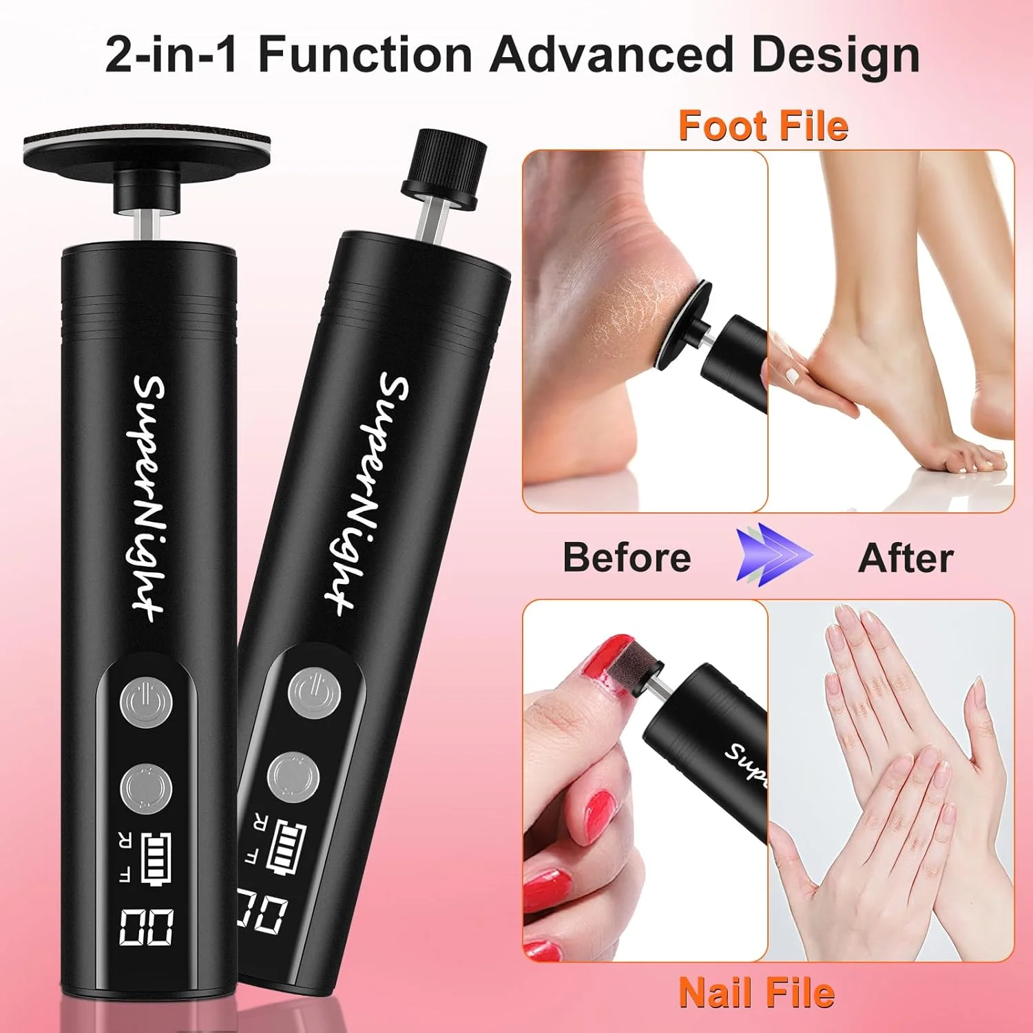 سوهان برقی پدیکور پا سوپر نایت، سوهان برقی 2 در 1 پا و آسیاب ناخن، ابزار پدیکور قابل شارژ برای از بین بردن پوست مرده پا با 30 عدد دیسک سمباده، 9 سرعت قابل تنظیم (مشکی)