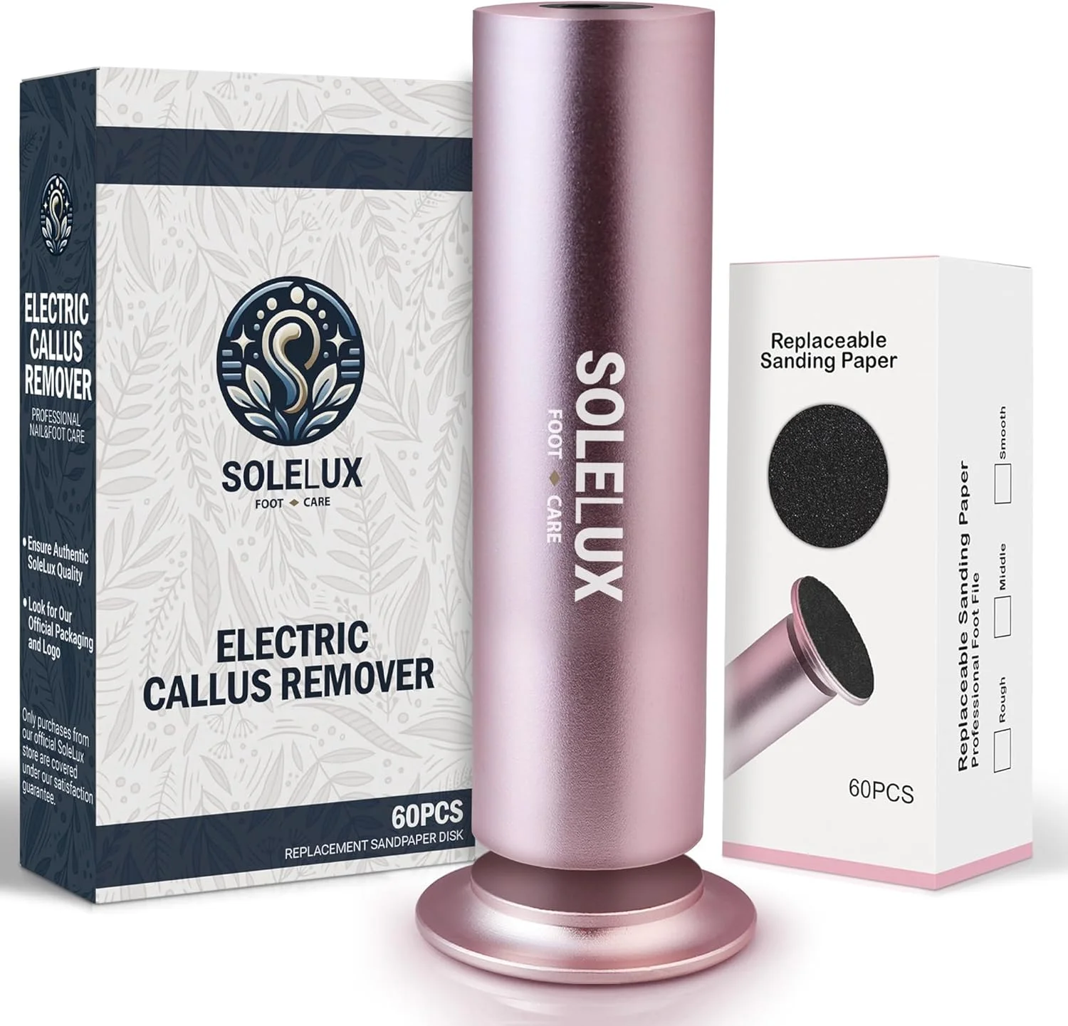 سوهان برقی پا SoleLux - از بین برنده پینه با سرعت قابل تنظیم، 60 پد سمباده، و لایه برداری حرفه ای پوست مرده برای پاهای سفت، ترک خورده و خشک - ابزار اسپا پدیکور خانگی برای آقایان و بانوان (صورتی)