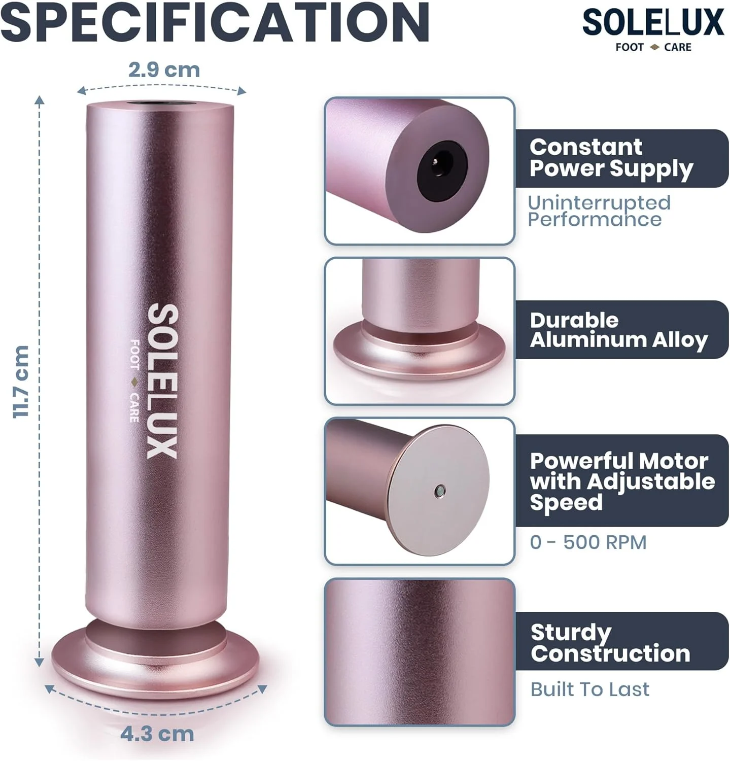 سوهان برقی پا SoleLux - از بین برنده پینه با سرعت قابل تنظیم، 60 پد سمباده، و لایه برداری حرفه ای پوست مرده برای پاهای سفت، ترک خورده و خشک - ابزار اسپا پدیکور خانگی برای آقایان و بانوان (صورتی)