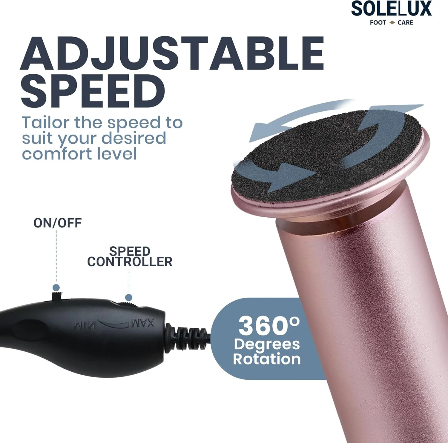 سوهان برقی پا SoleLux - از بین برنده پینه با سرعت قابل تنظیم، 60 پد سمباده، و لایه برداری حرفه ای پوست مرده برای پاهای سفت، ترک خورده و خشک - ابزار اسپا پدیکور خانگی برای آقایان و بانوان (صورتی)