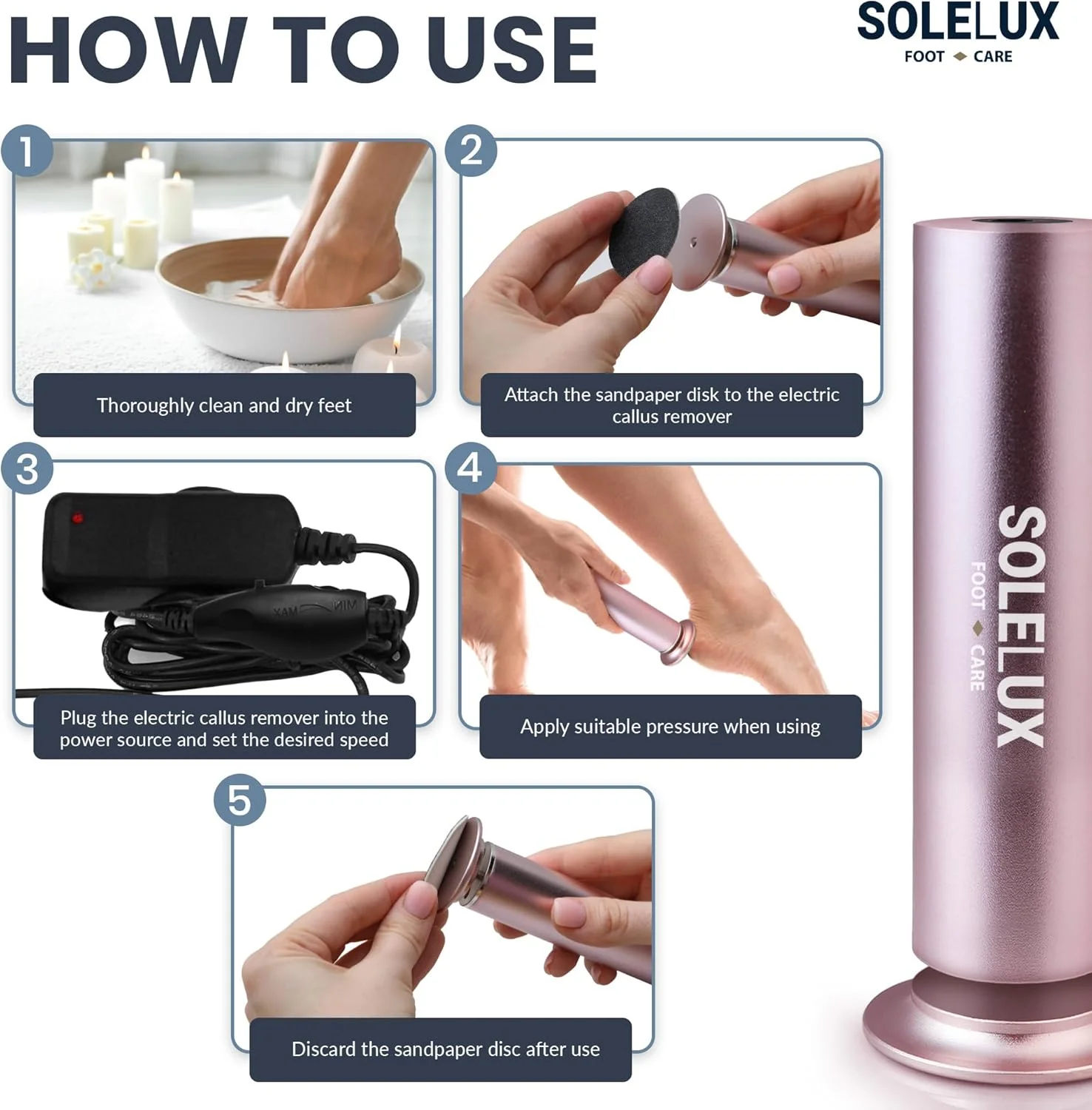 سوهان برقی پا SoleLux - از بین برنده پینه با سرعت قابل تنظیم، 60 پد سمباده، و لایه برداری حرفه ای پوست مرده برای پاهای سفت، ترک خورده و خشک - ابزار اسپا پدیکور خانگی برای آقایان و بانوان (صورتی)