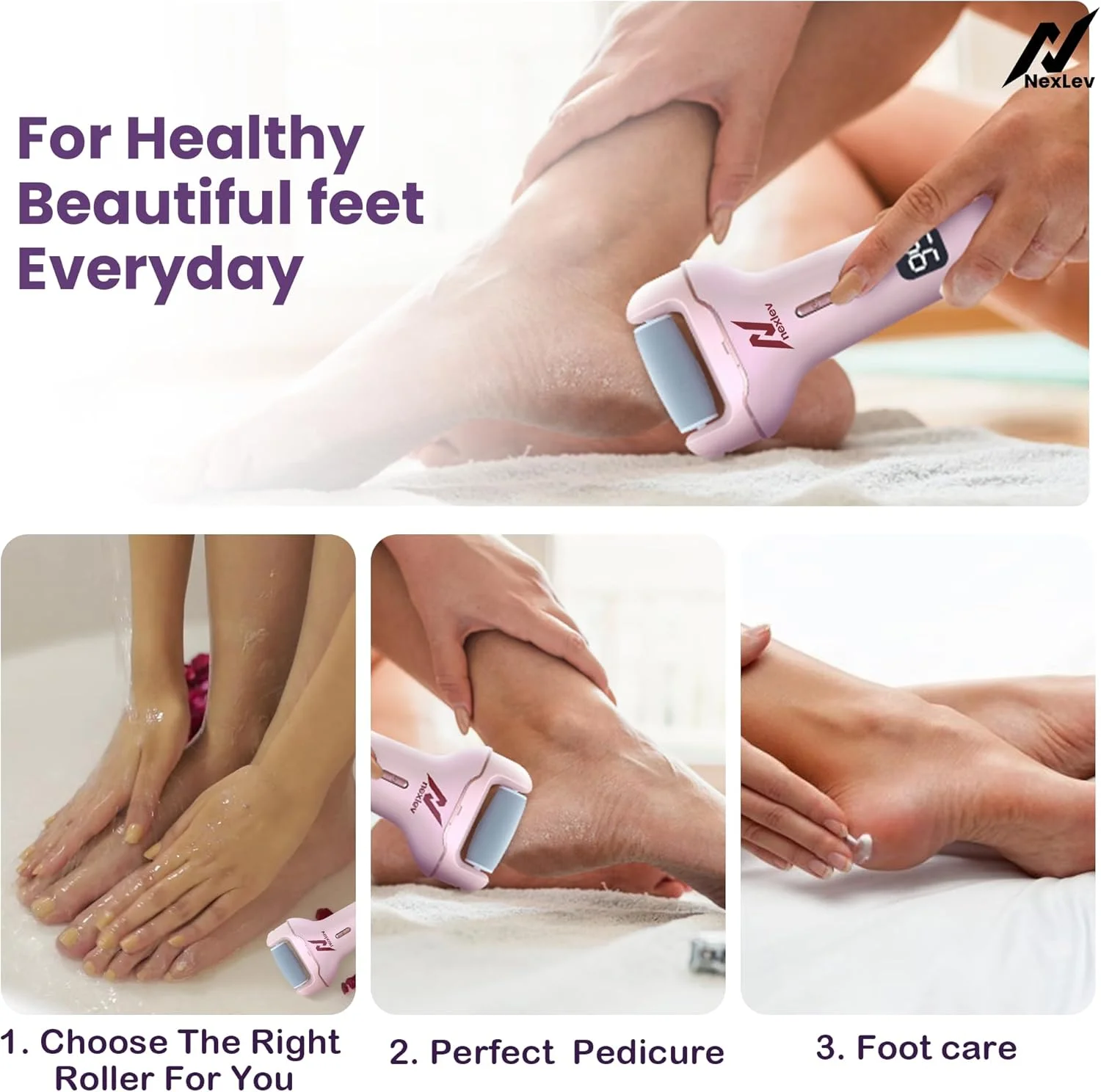 سوهان برقی پا نکس‌لو Lev | اسکرابر پا برای پوست مرده | دستگاه پدیکور برقی برای پوست ترک خورده و سخت | 3 سر کوارتز کریستالی | نوع C | اسپا پا برای آقایان و خانم ها | ضد آب | CR-01