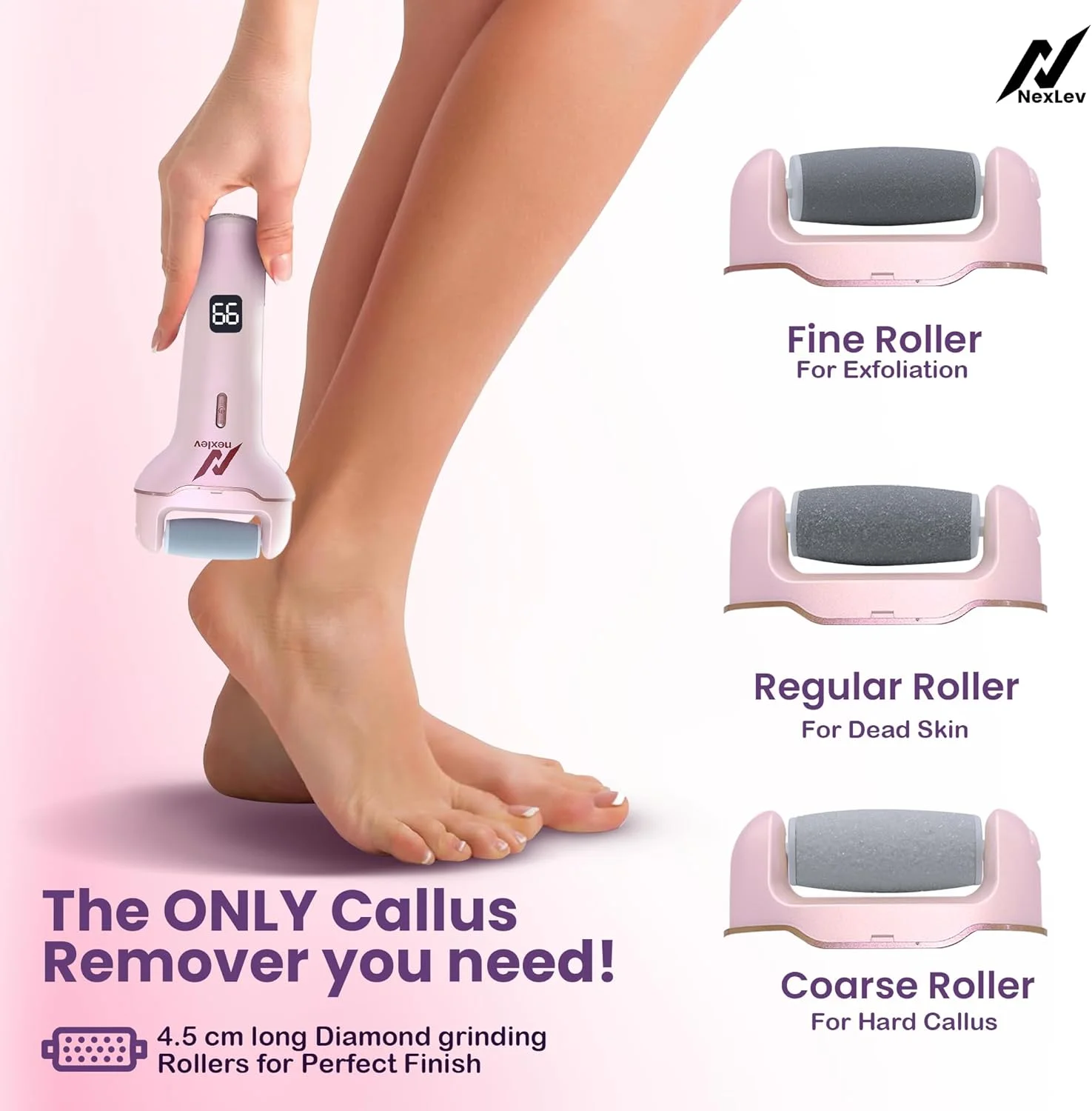 سوهان برقی پا نکس‌لو Lev | اسکرابر پا برای پوست مرده | دستگاه پدیکور برقی برای پوست ترک خورده و سخت | 3 سر کوارتز کریستالی | نوع C | اسپا پا برای آقایان و خانم ها | ضد آب | CR-01