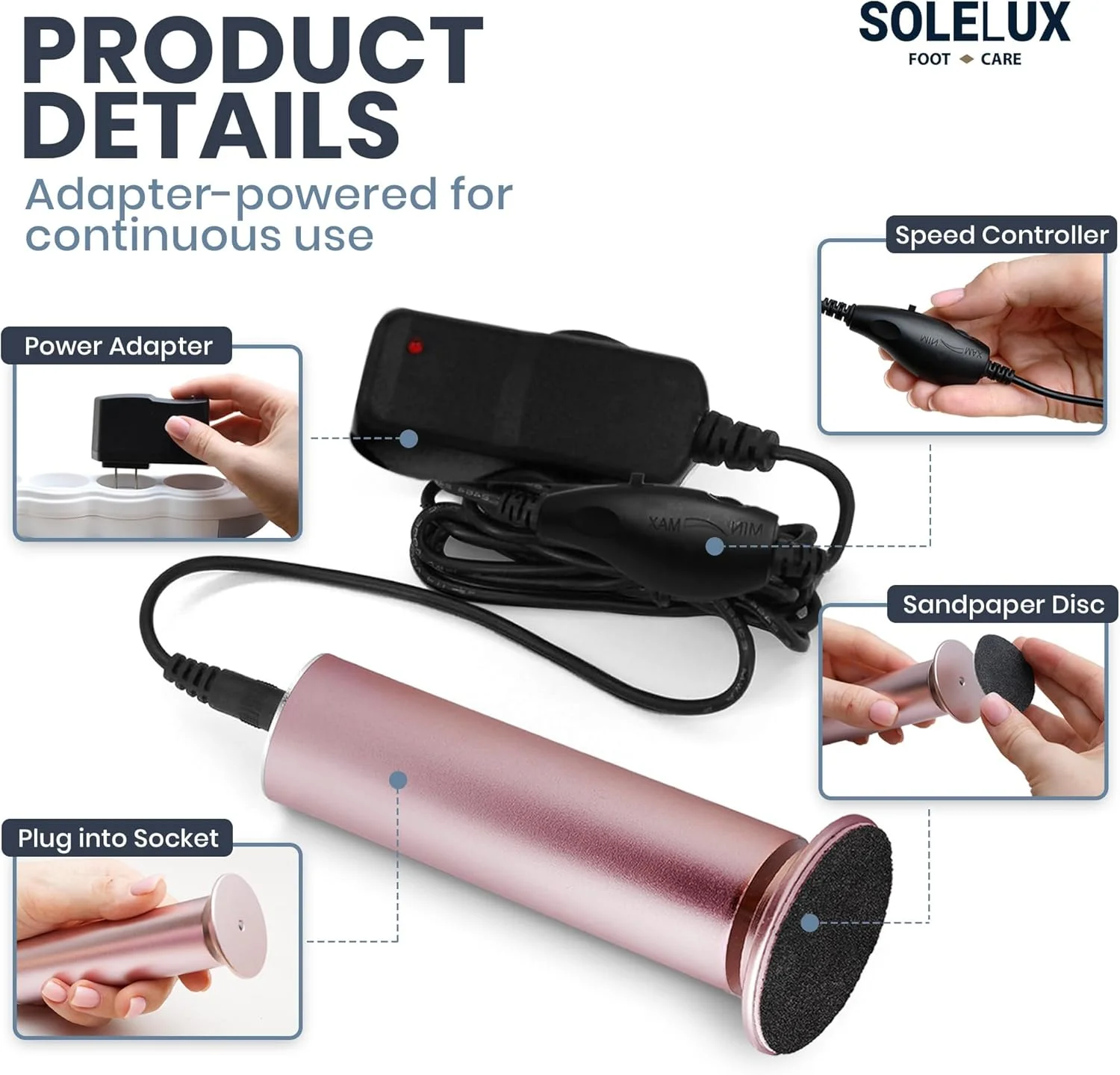 سوهان برقی پا SoleLux - از بین برنده پینه با سرعت قابل تنظیم، 60 پد سمباده، و لایه برداری حرفه ای پوست مرده برای پاهای سفت، ترک خورده و خشک - ابزار اسپا پدیکور خانگی برای آقایان و بانوان (صورتی)