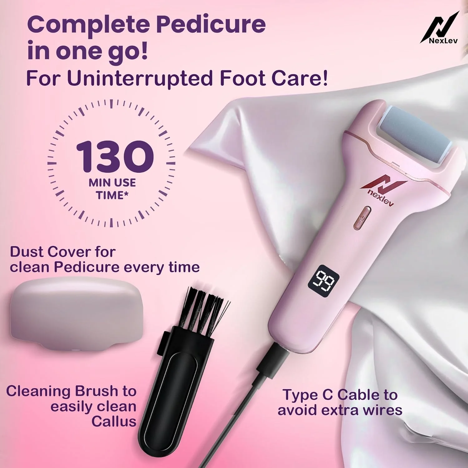 سوهان برقی پا نکس‌لو Lev | اسکرابر پا برای پوست مرده | دستگاه پدیکور برقی برای پوست ترک خورده و سخت | 3 سر کوارتز کریستالی | نوع C | اسپا پا برای آقایان و خانم ها | ضد آب | CR-01