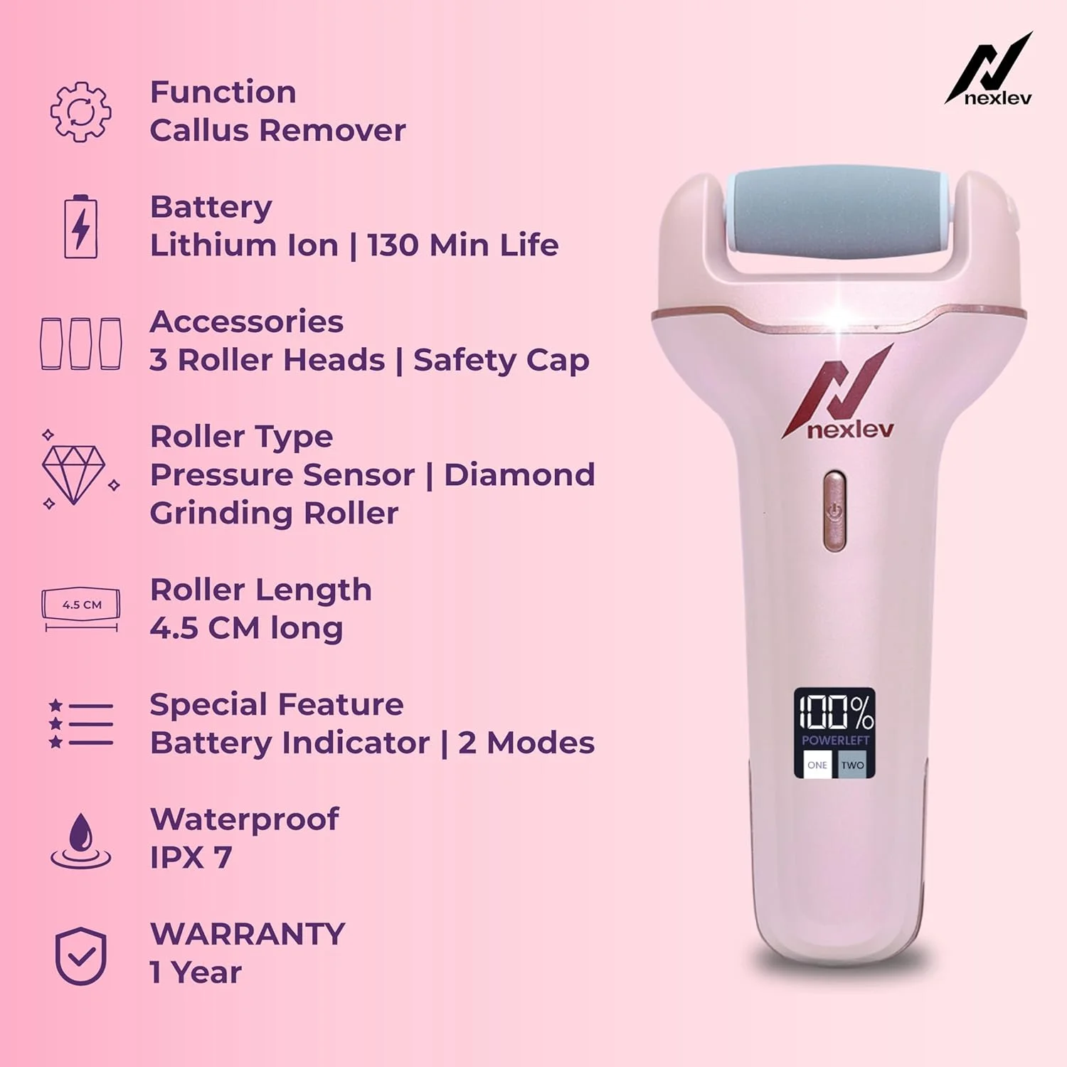 سوهان برقی پا نکس‌لو Lev | اسکرابر پا برای پوست مرده | دستگاه پدیکور برقی برای پوست ترک خورده و سخت | 3 سر کوارتز کریستالی | نوع C | اسپا پا برای آقایان و خانم ها | ضد آب | CR-01