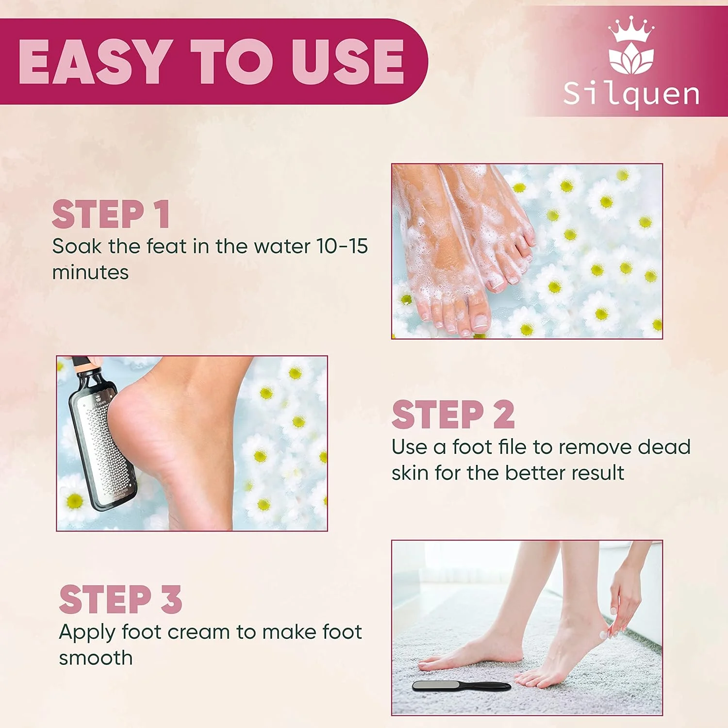 مجموعه 3 عددی سوهان پدیکور حرفه ای پا Silquen از پلاستیک و فولاد مرغوب، از بین برنده پینه، از بین برنده پوست سخت، لایه بردار-اسکرابر دو طرفه، استفاده آسان با دستگیره ارگونومیک