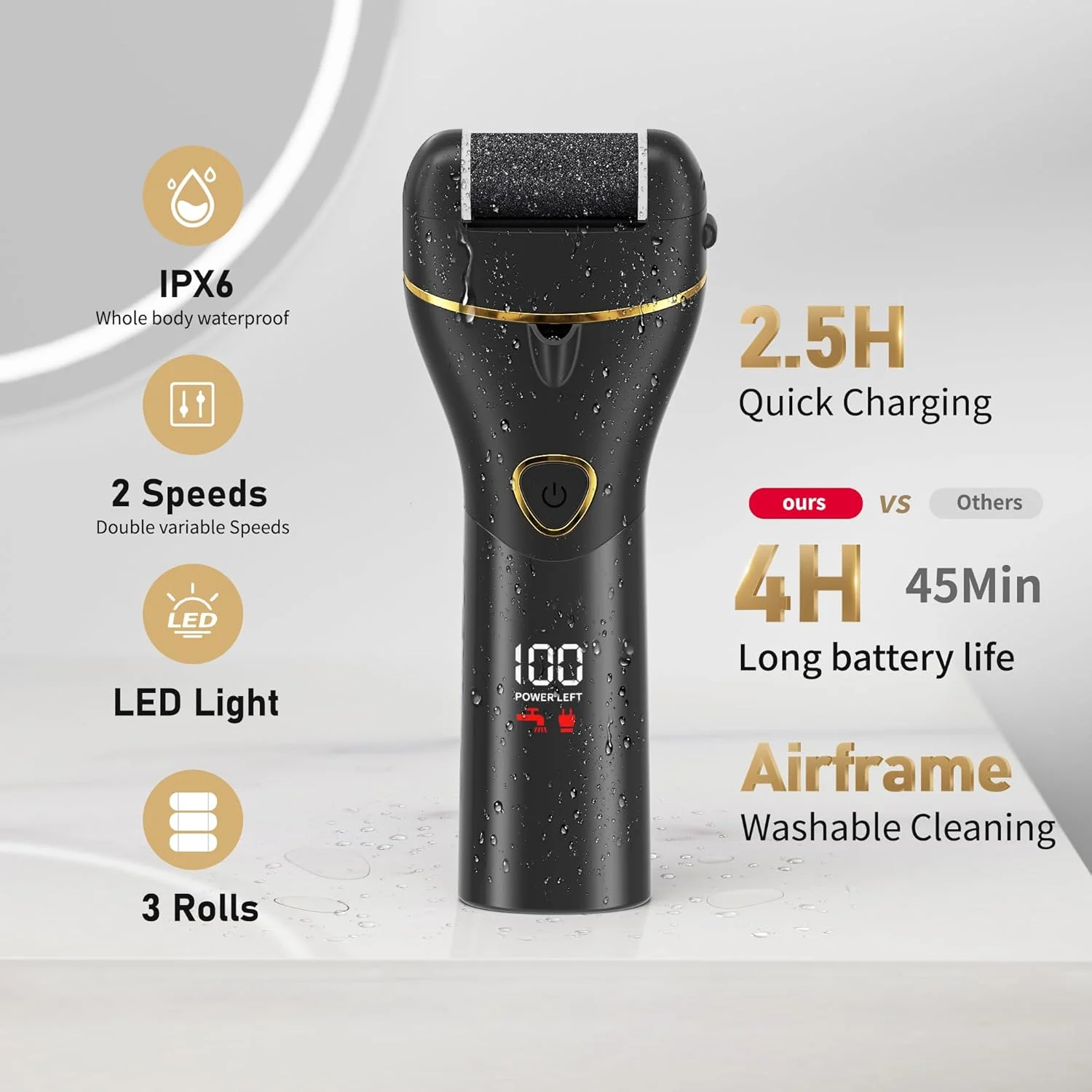 سوهان پا شارژی، از بین برنده پینه پا، کیت سوهان برقی پا، شستشوی IPX6، عمر باتری طولانی 4 ساعته، ابزار حرفه ای پدیکور برای پوست های مرده، سخت، ترک خورده و خشک، هدیه ای ایده آل