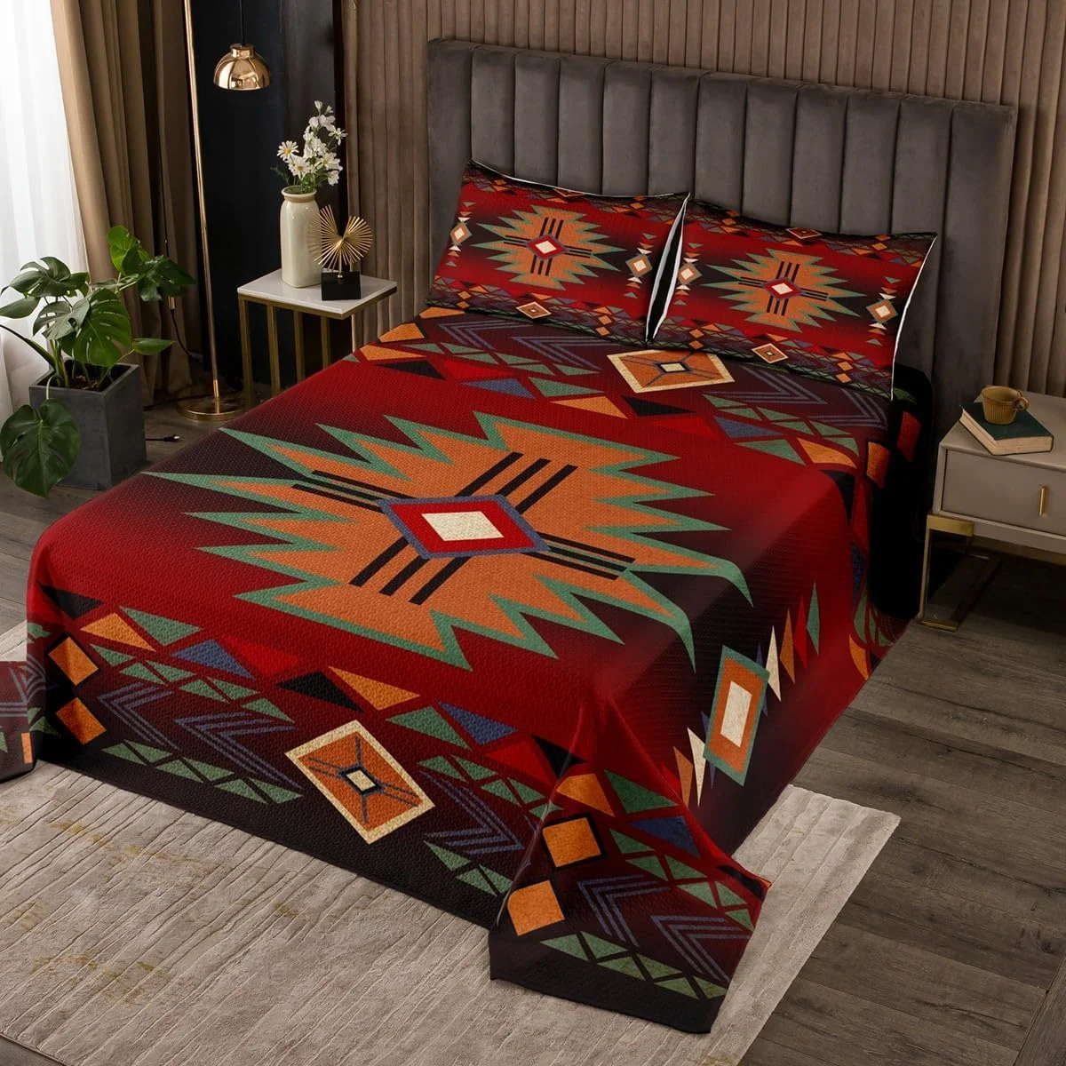 روتختی کینگ سایز وسترن، ست روتختی گاوچران و گاوچران زن مشکی قرمز برای پسران دختران، ست لحاف قبیله ای بومی آزتک بزرگسالان کودکانه، رو تختی لحاف بوهمی راه راه هندسی یکپارچهسازی با سیستمعامل، 2 روبالشی